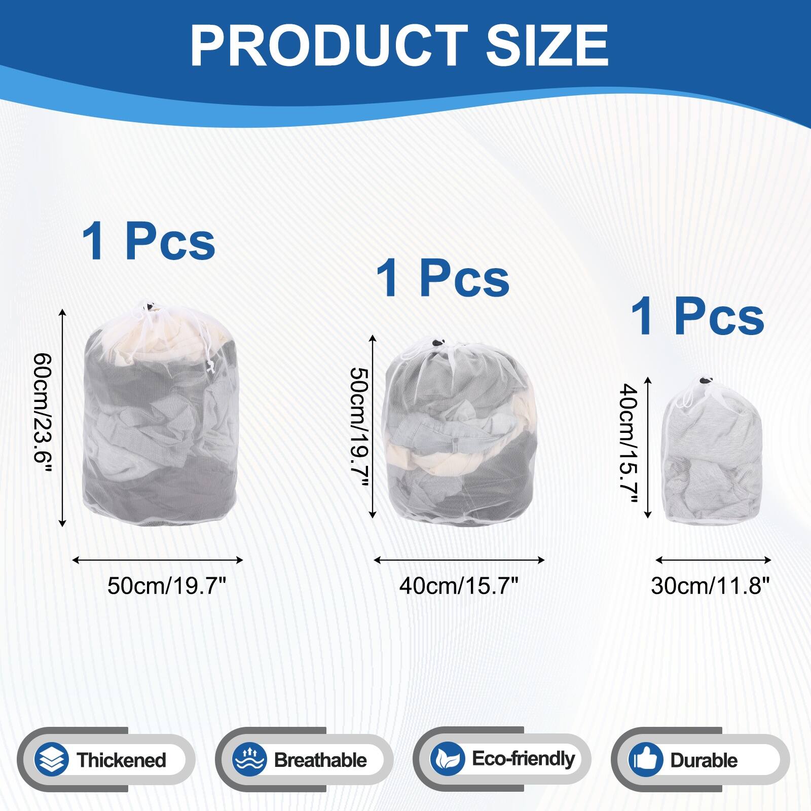 PRODUCT SIZE

1 Pcs
60cm/23.6" x 50cm/19.7"

1 Pcs
50cm/19.7" x 40cm/15.7"

1 Pcs
40cm/15.7" x 30cm/11.8"

Thickened
Breathable
Eco-friendly
Durable