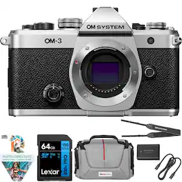 Bundle - OM System - Olympus OM-3 Mirrorless Micro Four Thirds Lens System Camera + 64GB Memory Card Package - Silver