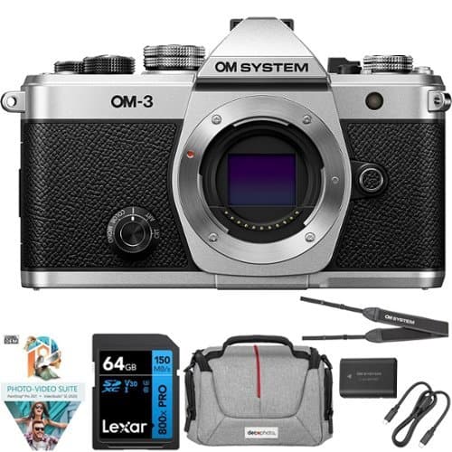 Bundle - OM System - Olympus OM-3 Mirrorless Micro Four Thirds Lens System Camera + 64GB Memory Card Package - Silver