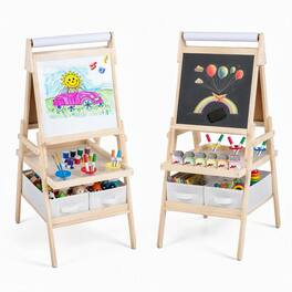 Costway - Easel for Kid, Double-sided Kids Easel with Magnetic Whiteboard & Chalkboard - Natural