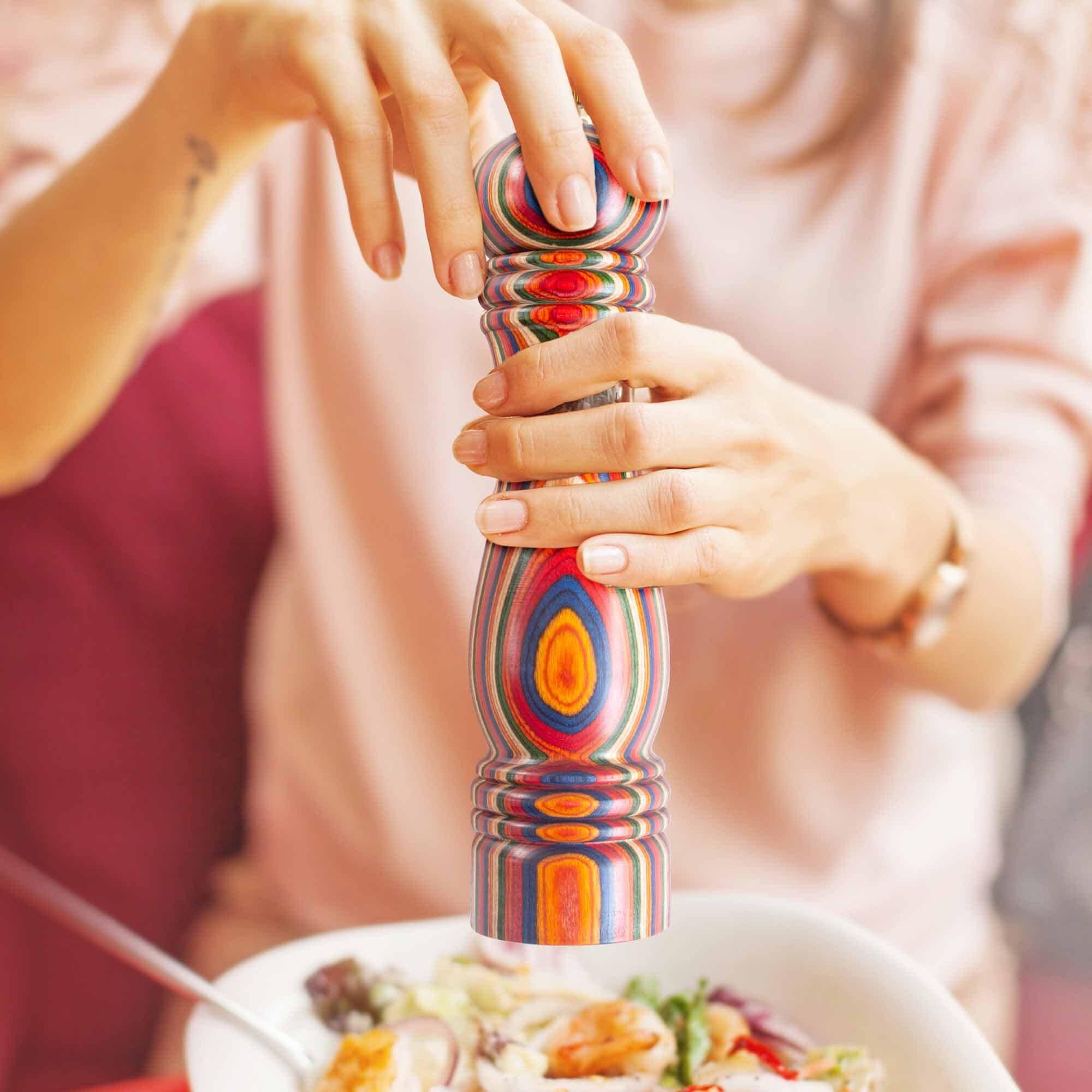 Back. Baltique - Marrakesh Collection Refillable Pepper Grinder - Red, Blue, Green, Orange.