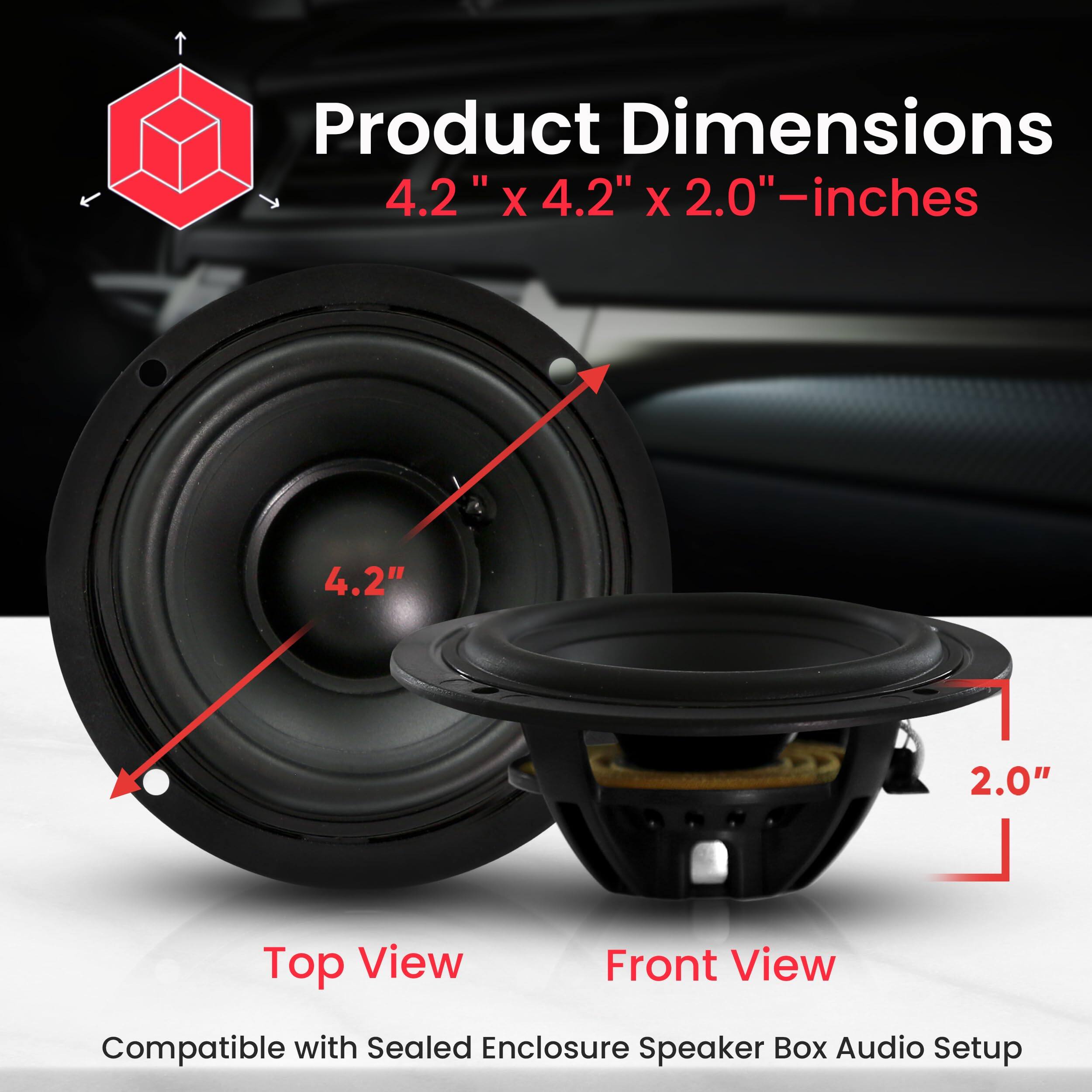 Product Dimensions  
4.2" x 4.2" x 2.0"-inches  

Top View  
Front View  

Compatible with Sealed Enclosure Speaker Box Audio Setup