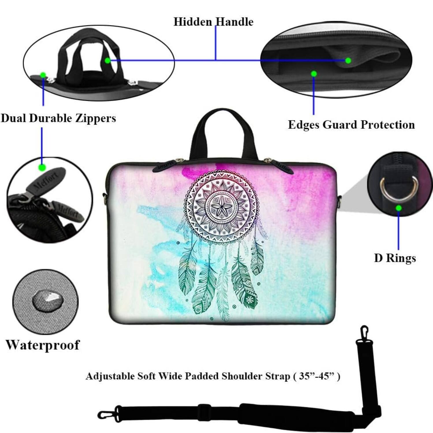 Hidden Handle  
Dual Durable Zippers  
Edges Guard Protection  
D Rings  
Waterproof  
Adjustable Soft Wide Padded Shoulder Strap (35"-45")