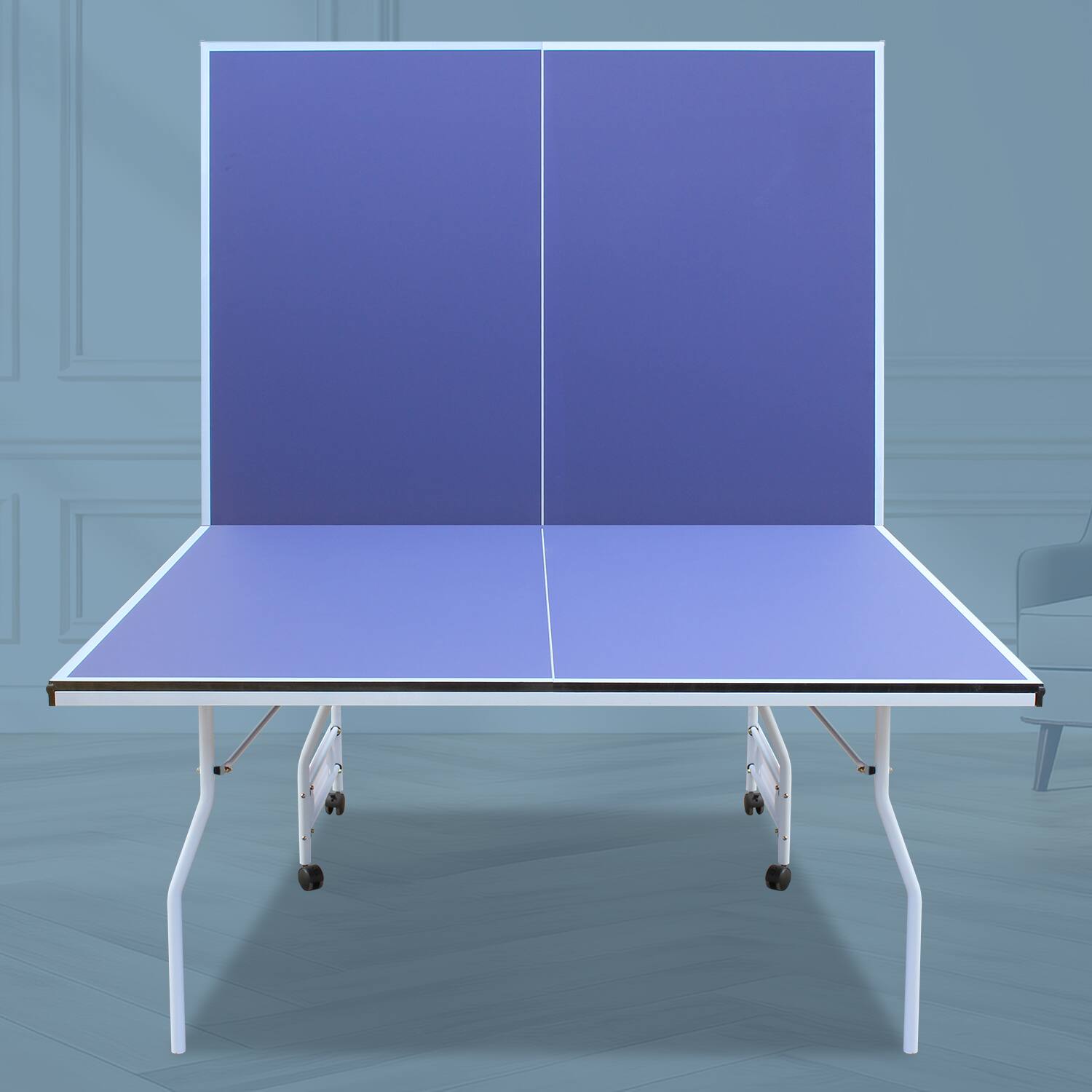 Back. APRILSOUL - 9FT Mid-Size Table Tennis Table Foldable and Portable Ping Pong Table Set for Indoor Games with Net 2 Paddles 3 Balls - Blue.