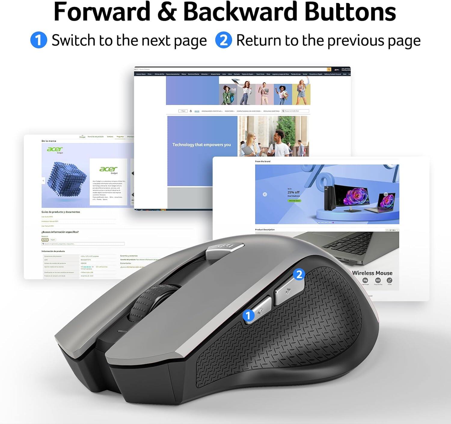 Forward & Backward Buttons

1. Switch to the next page
2. Return to the previous page

Acer - Technology that empowers you

Wireless Mouse