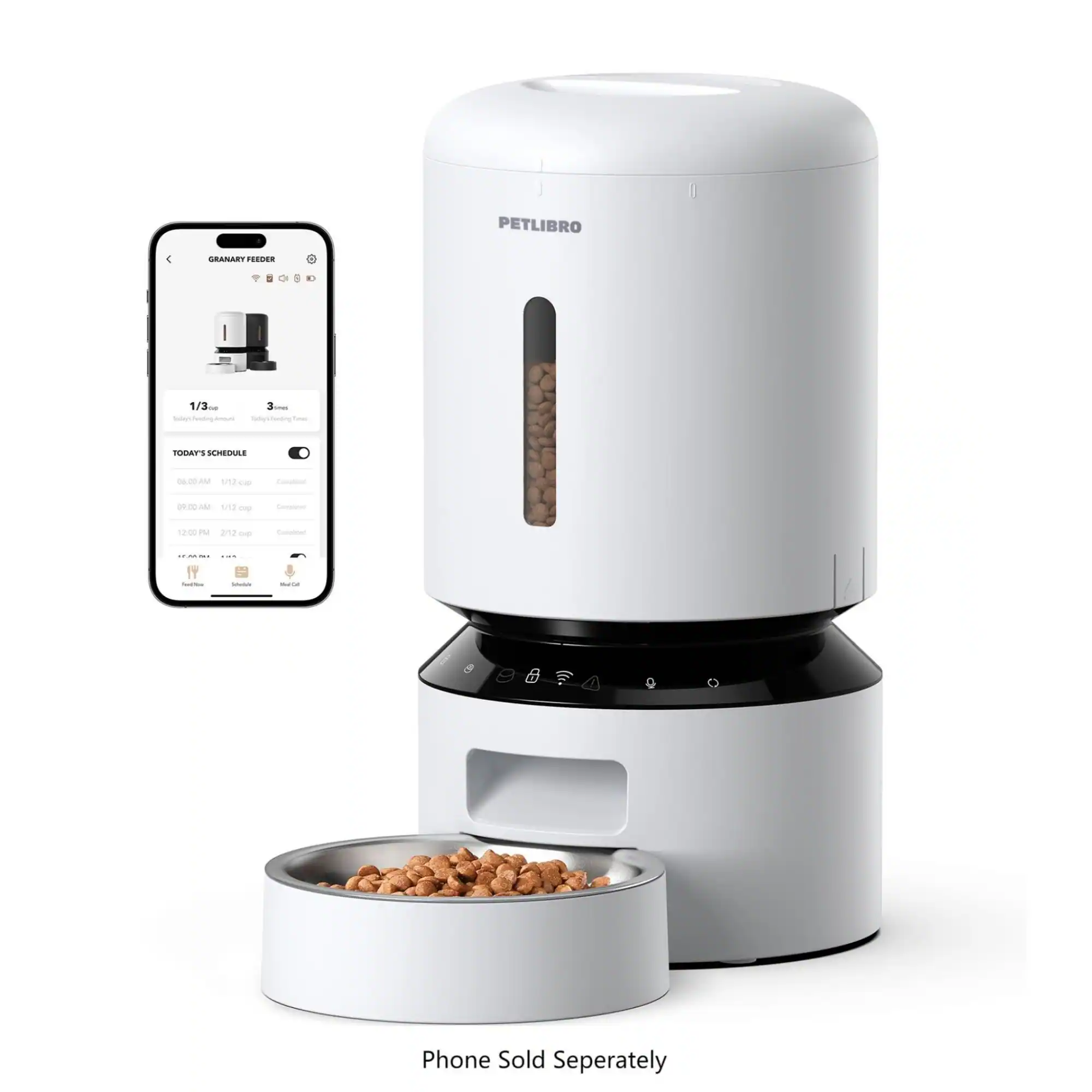 The image shows a white Petlibro 4 coffee maker with a bowl of coffee beans placed on top of it. The coffee maker is accompanied by a smartphone, which is likely used for controlling the coffee maker or providing information about the coffee-making process. The image also includes a bowl of coffee beans, which are being used to make coffee. The text on the image suggests that the coffee maker is a Petlibro 4 Granart, and the phone is sold separately.