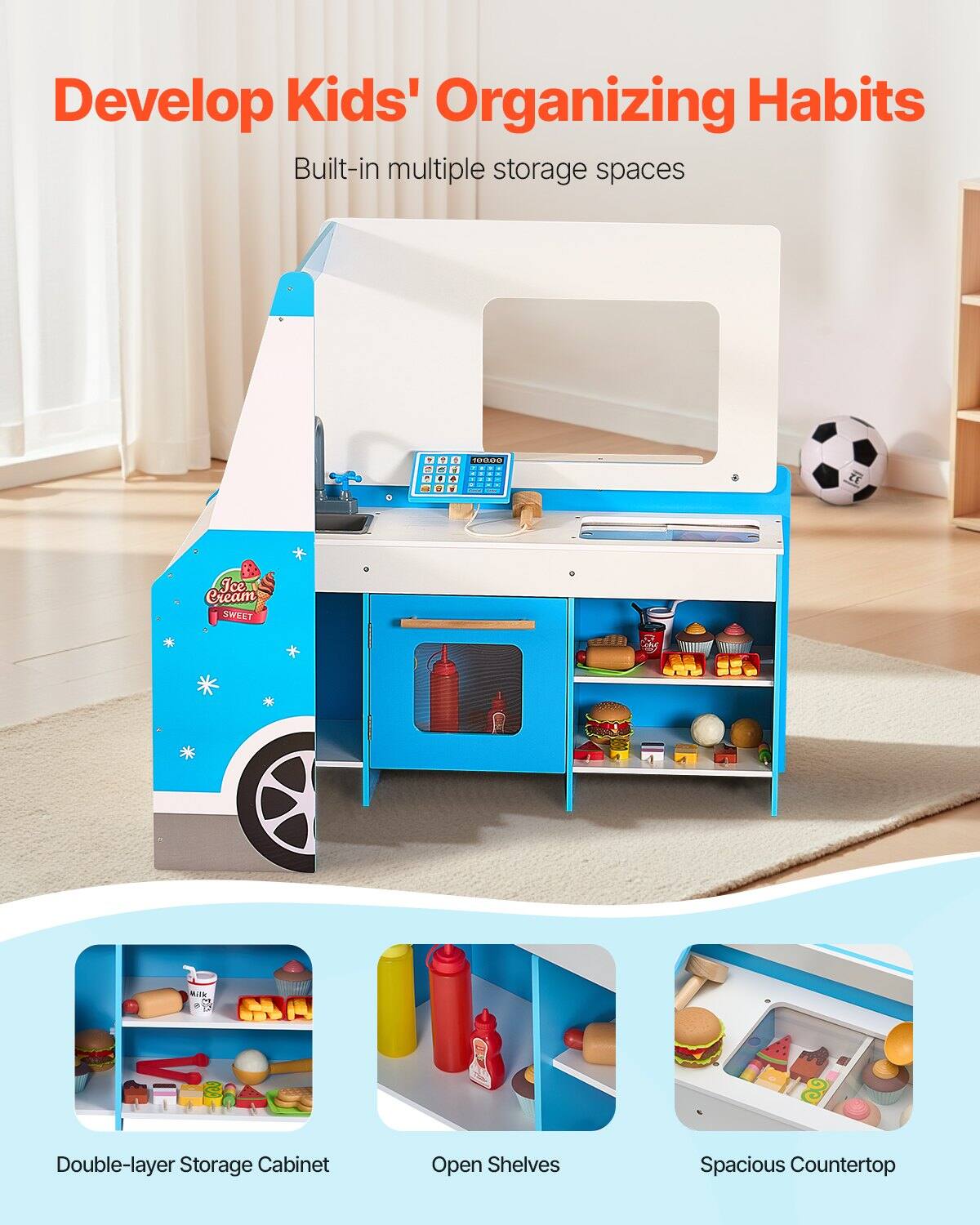 Develop Kids' Organizing Habits  
Built-in multiple storage spaces  

Double-layer Storage Cabinet  
Open Shelves  
Spacious Countertop