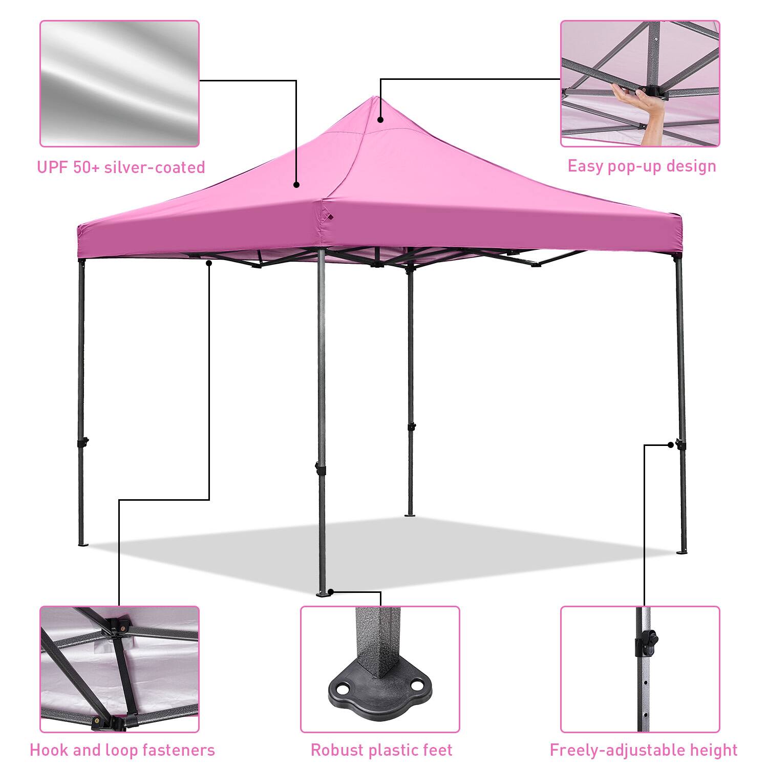 UPF 50+ silver-coated  
Easy pop-up design  
Hook and loop fasteners  
Robust plastic feet  
Freely-adjustable height