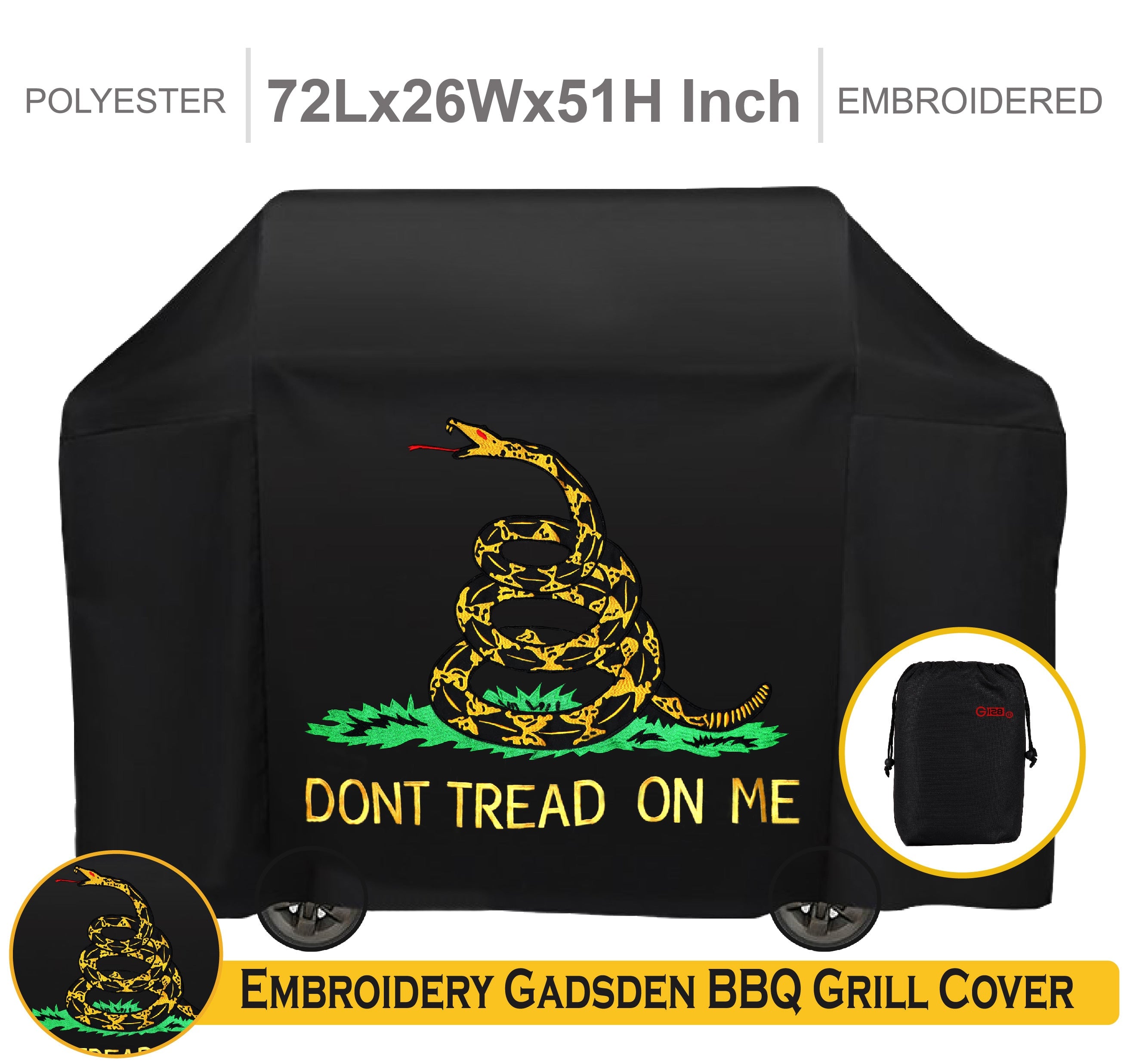 G128 - Don't Tread On Me Gadsden 72 in Gas Grill Cover Waterproof UV Resistant Fits Most 58 in Grills - Assorted Colors
