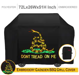 G128 - Don't Tread On Me Gadsden 72 in Gas Grill Cover Waterproof UV Resistant Fits Most 58 in Grills - Assorted Colors