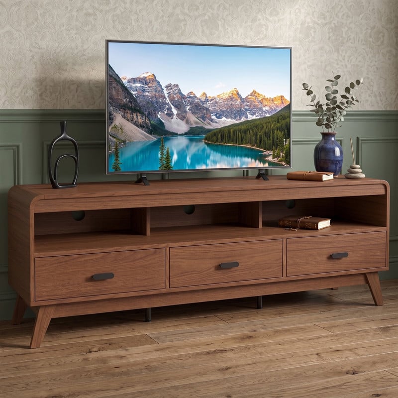 WELLFOR - 60" Mid Century Modern TV Stand for TVs up to 70" with 3 Drawers, Entertainment Center for Living Room Bedroom - Walnut