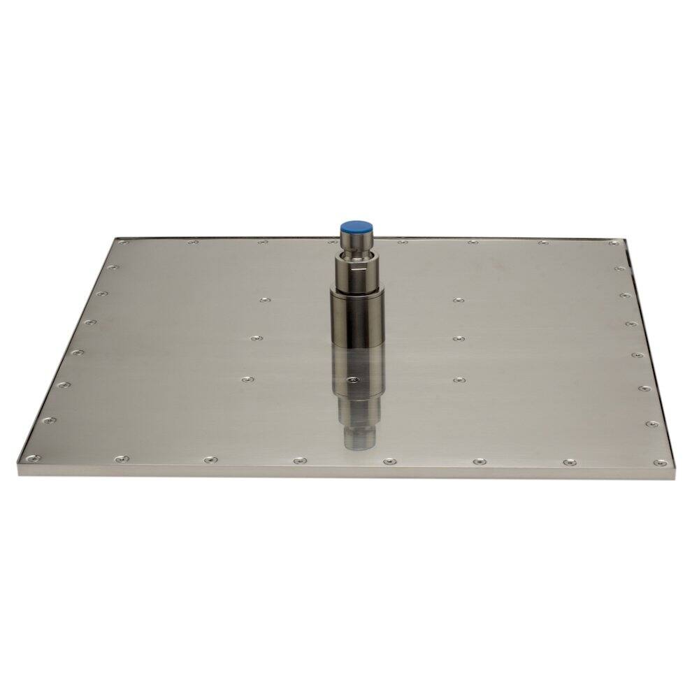 Angle. Alfi - Brushed Nickel 16" Square Multi Color LED Rain Shower Head - Silver.