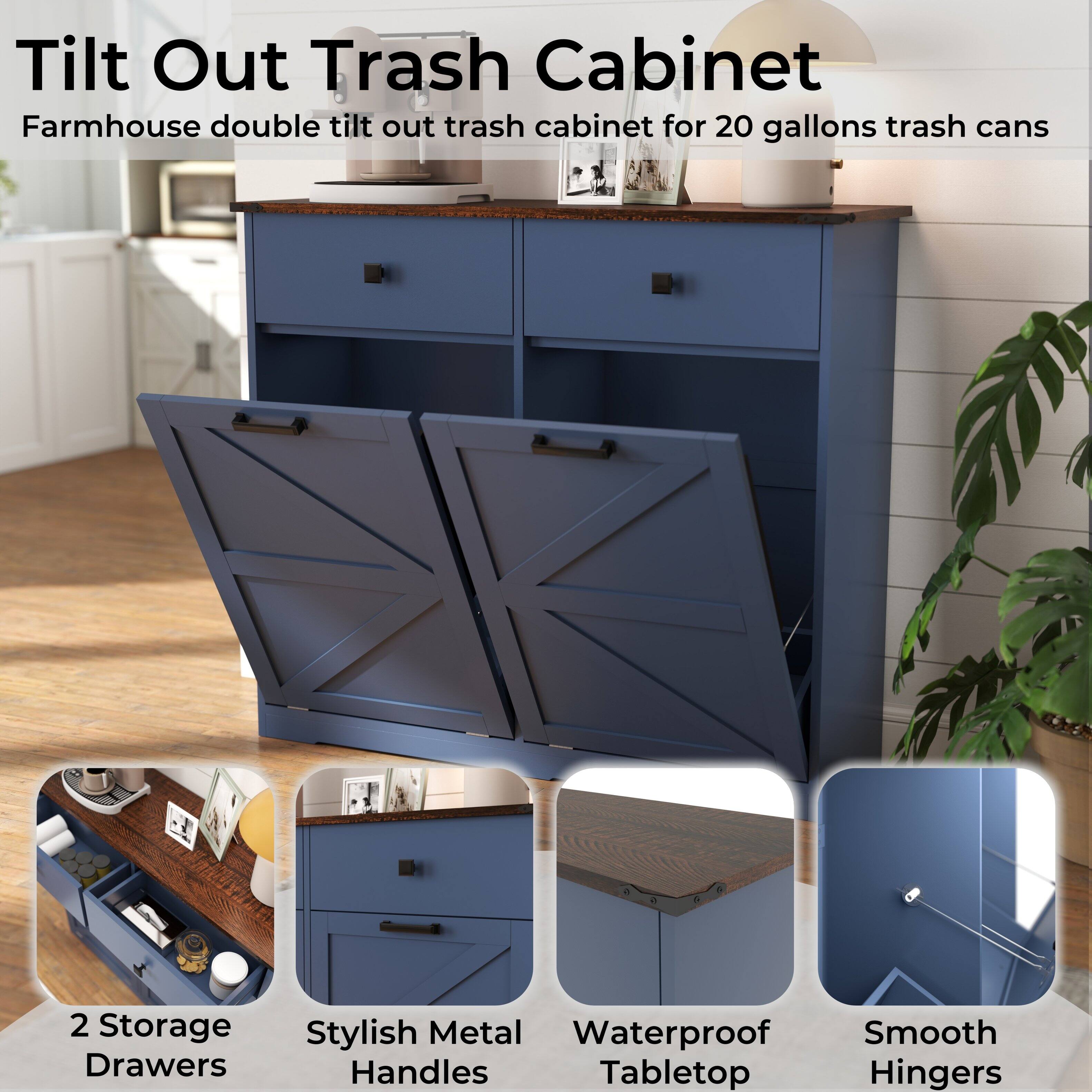 Tilt Out Trash Cabinet  
Farmhouse double tilt out trash cabinet for 20 gallons trash cans  

- 2 Storage Drawers  
- Stylish Metal Handles  
- Waterproof Tabletop  
- Smooth Hinges