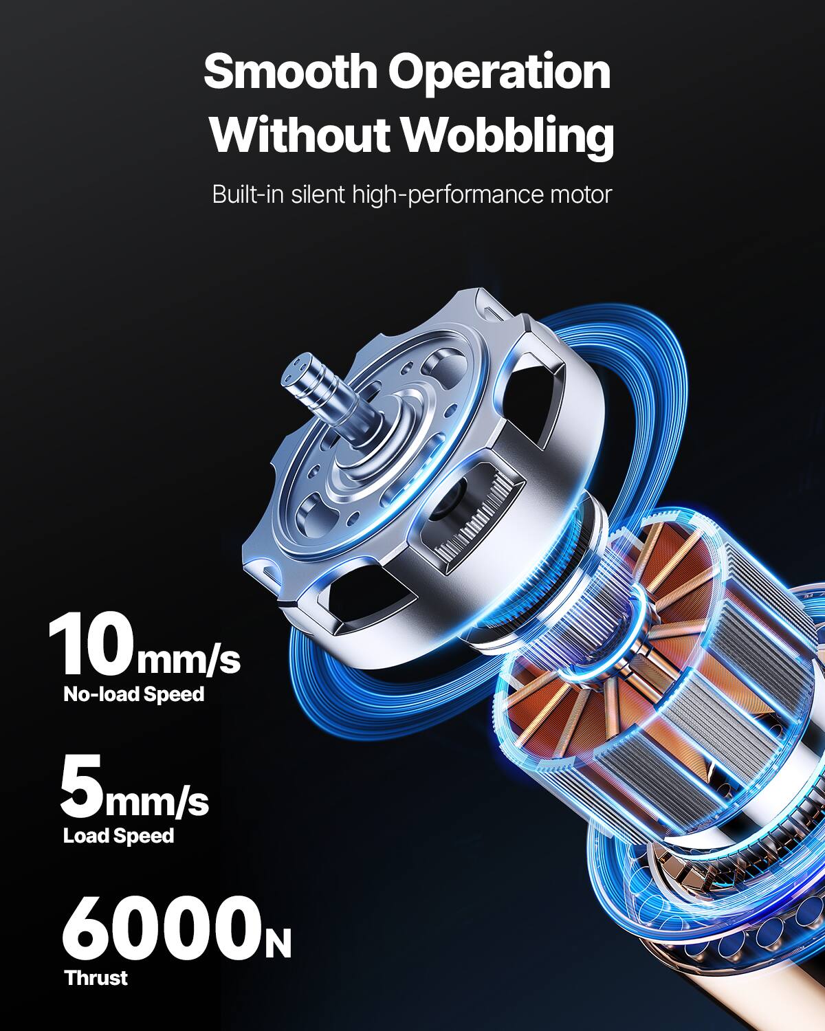 Smooth Operation Without Wobbling  
Built-in silent high-performance motor  
10 mm/s No-load Speed  
5 mm/s Load Speed  
6000N Thrust