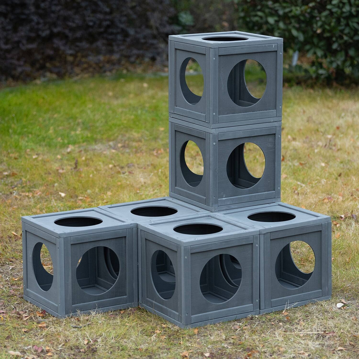 Back. Pefilos - 43" Weatherproof Pine Wood Cat Enclosure with Double Doors & Shelves, Outdoor Cat Playhouse with 7 Combination Boxes.