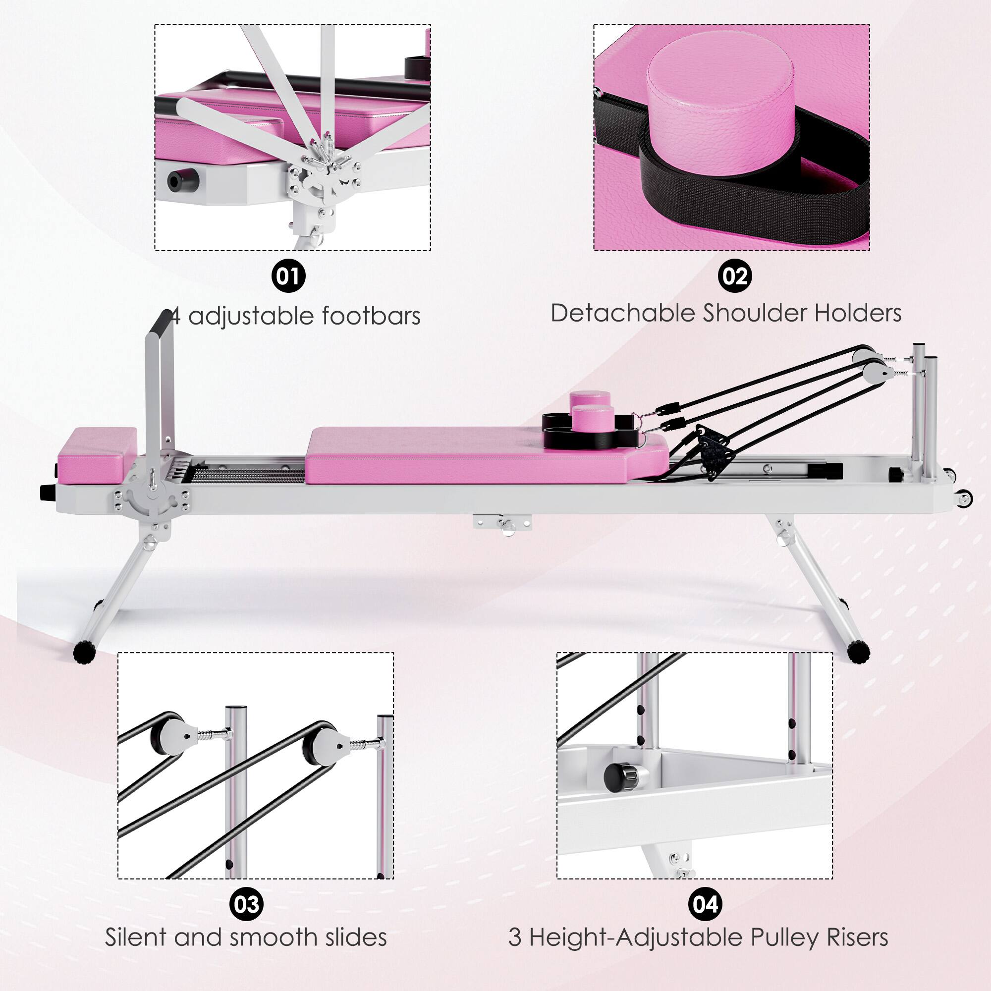 01 4 adjustable footbars  
02 Detachable Shoulder Holders  
03 Silent and smooth slides  
04 3 Height-Adjustable Pulley Risers