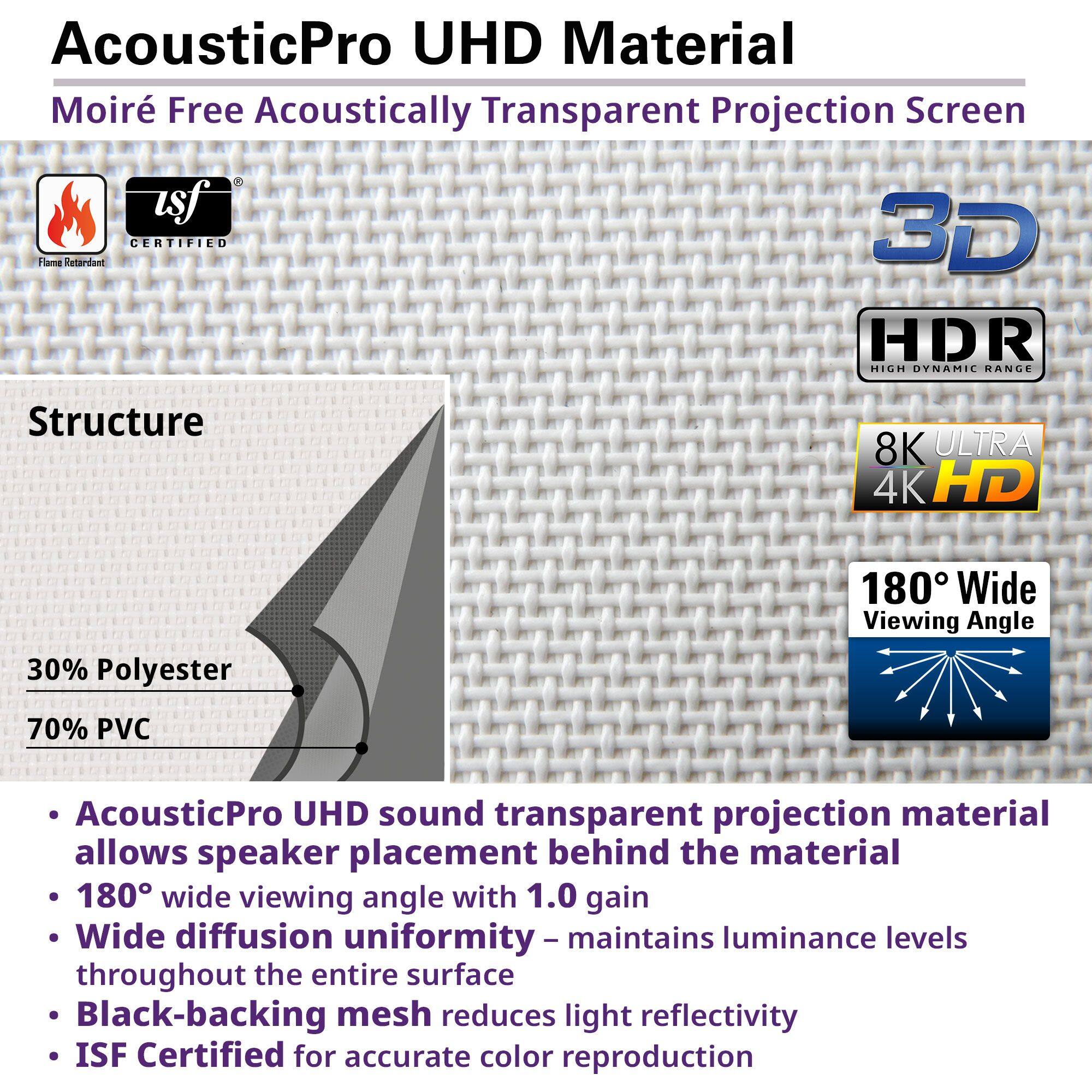 AcousticPro UHD Material Moiré Free Acoustically Transparent Projection Screen is ISF CERTIFIED Flame Retardant 3D HDR HIGH DYNAMIC RANGE Structure 8K ULTRA 4K HD 30% Polyester 180 Wide Viewing Angle 70% PVC AcousticPro UHD sound transparent projection material allows speaker placement behind the material 180 wide viewing angle with 1.0 gain Wide diffusion uniformity - maintains luminance levels throughout the entire surface Black-backing mesh reduces light reflectivity ISF Certified for accurate color reproduction
