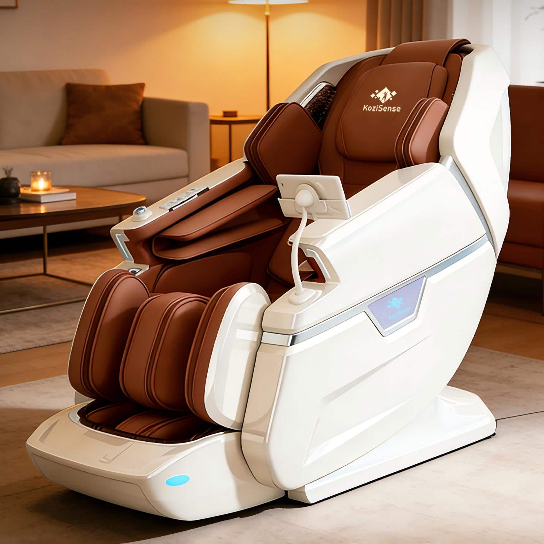 Front. KoziSense - KZ-L66 Dual 4D+3D Luxury Massage Chair,Deep Zero Gravity,Thai Stretch,Auto Extend Legrest,Heat,FREE White Glove Delivery - White and Orange.