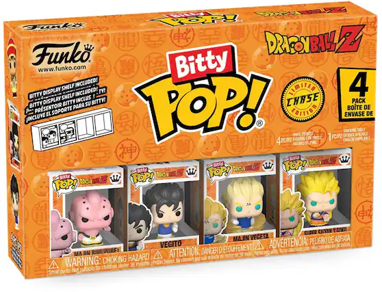 Bitty POP! DRAGONBALLZ Funko. Bitty www.funko.com SHELF INCLUDED! 4 BITTY DISPLAY INCLUDED! ! LIMITED SHELF INCLUS ! CHASE BITTY DISPLAY BITTY SU BITTY! POP! PACK PRSENTOIR PARA BOTE DE EL SOPORTE FDITION ENVASE DE INCLUVE VINYL FIGURES PC/PZ STACKING ESTANTE APILABLE SHELF 4PC/PZ FIGURINES EN VINYLE 1 ETAGERE EMPILABLE FIGURAS DE VINIL Bitty Z Bitty POP! DRASOX Bitty POP! DRASY Z Bitty eD TOP! DRASY FOP! DRASSRIELZ DRASX RIE DE I ARUEZ EEL SAIVAN COKIL CUIDER MAJIN VEGETA DE ASFIXIA. VEGITO ADVERTENCIA: PELIGRO 36 meses. D'TOUFFEMENT. nios menores de RIIII(PIIRE) DANGER No es adecuado para MA IIN ! ATTENTION: moins de 36 mois. Partes pequerias HAZARD. Ne convient pas 36 months. Petites parts. Not suitable for children under
