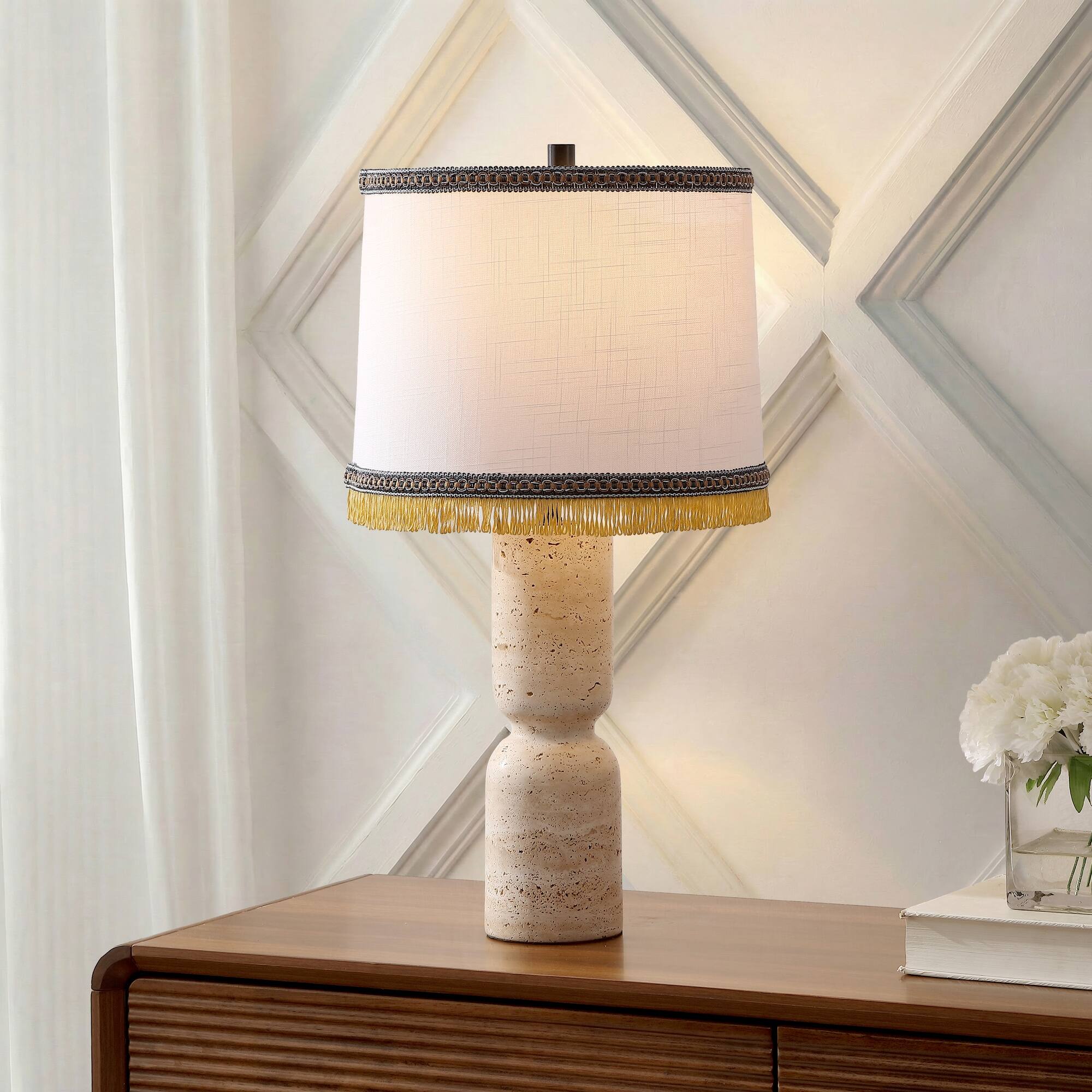 Alt View 1. Jonathan Y - Lacy 25.3 in. Organic Modern Sculptural Hourglass Travertine Stone with Fringed Drum Shade LED Table Lamp, Natural Beige - Natural Beige Marble.