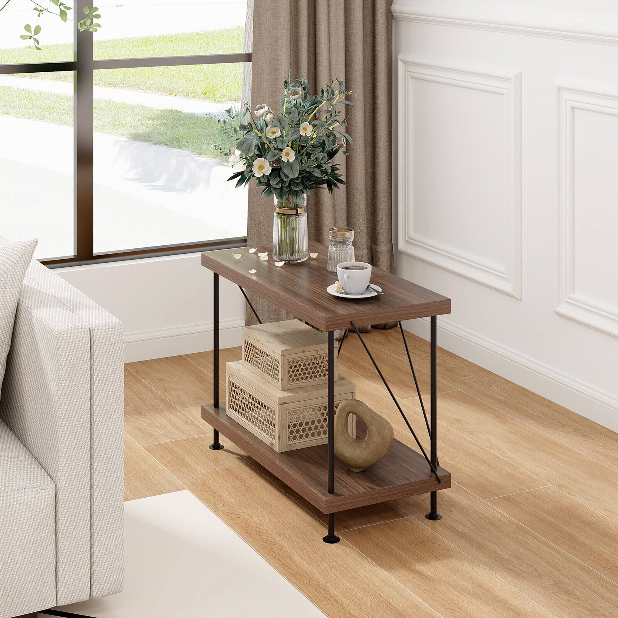 Alt View 1. Gymax - Gymax 2PCS 2-Tier Multipurpose Display Rack Freestanding Bookshelf w/ Metal Frame Walnut - Walnut.