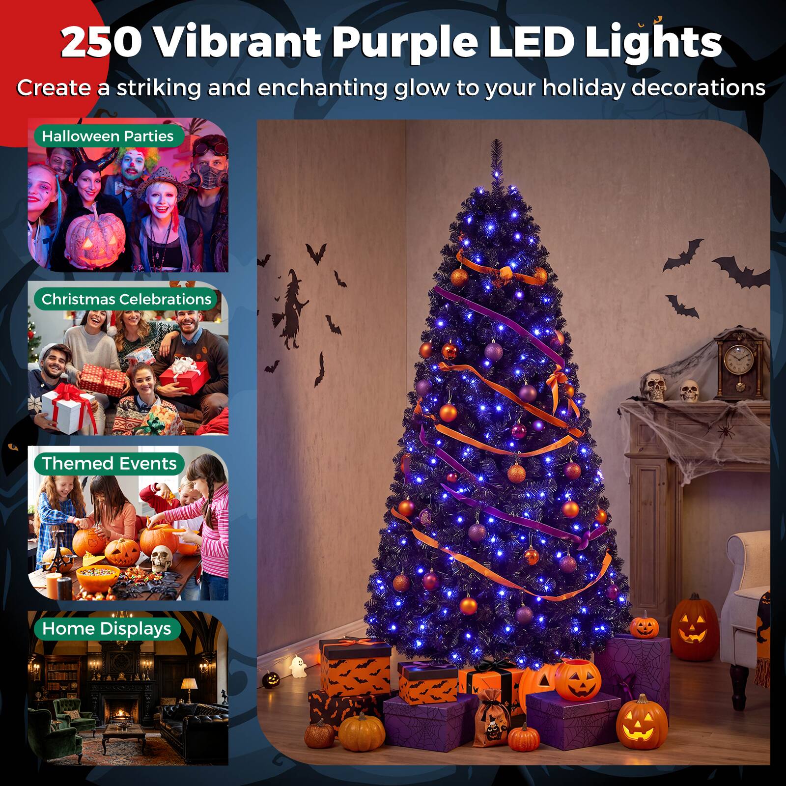 250 Vibrant Purple LED Lights  
Create a striking and enchanting glow to your holiday decorations  

- Halloween Parties  
- Christmas Celebrations  
- Themed Events  
- Home Displays