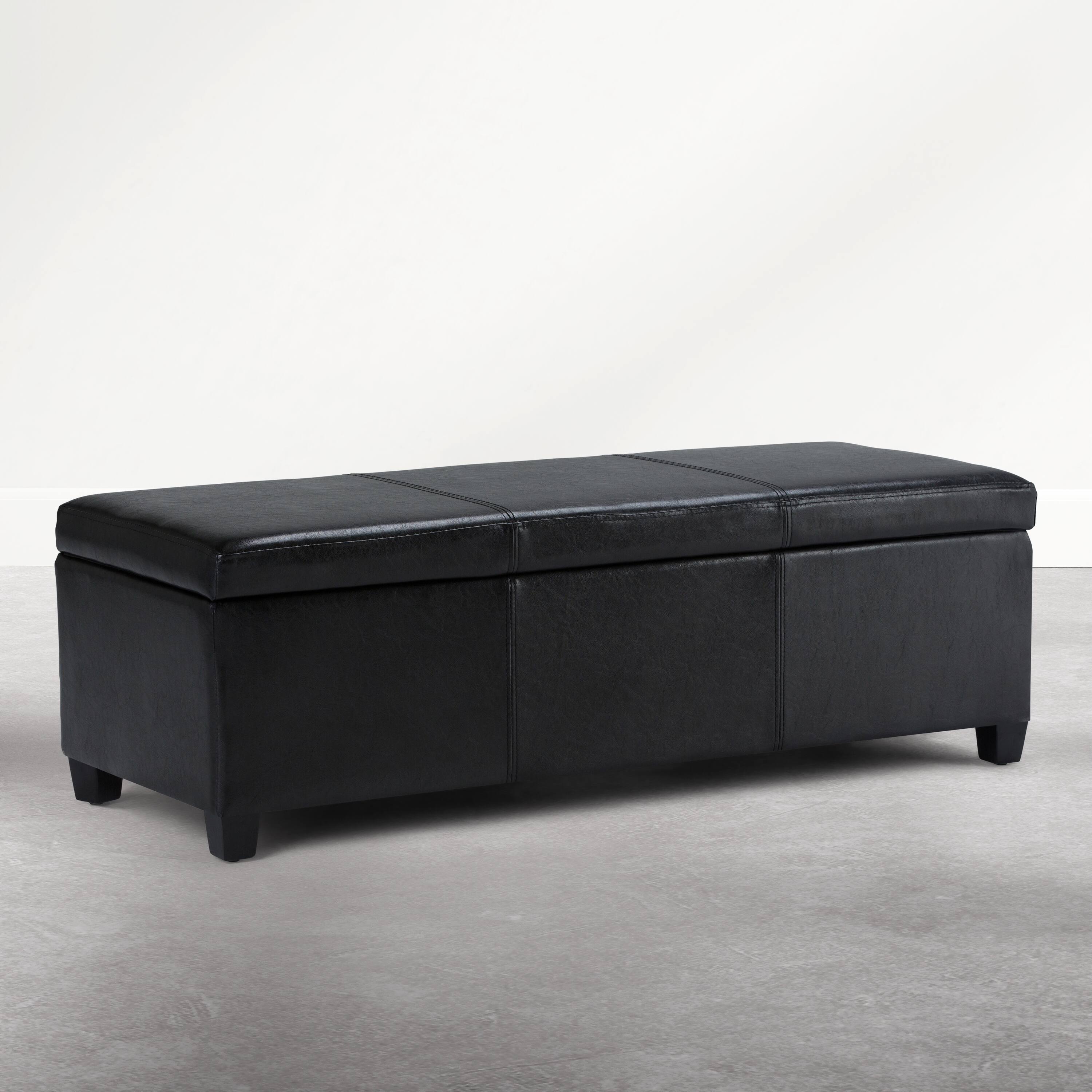 Angle. Simpli Home - Avalon 48 inch Wide Solid Wood Rectangular Upholstered Storage Ottoman Bench, Carbon Black - Carbon Black.