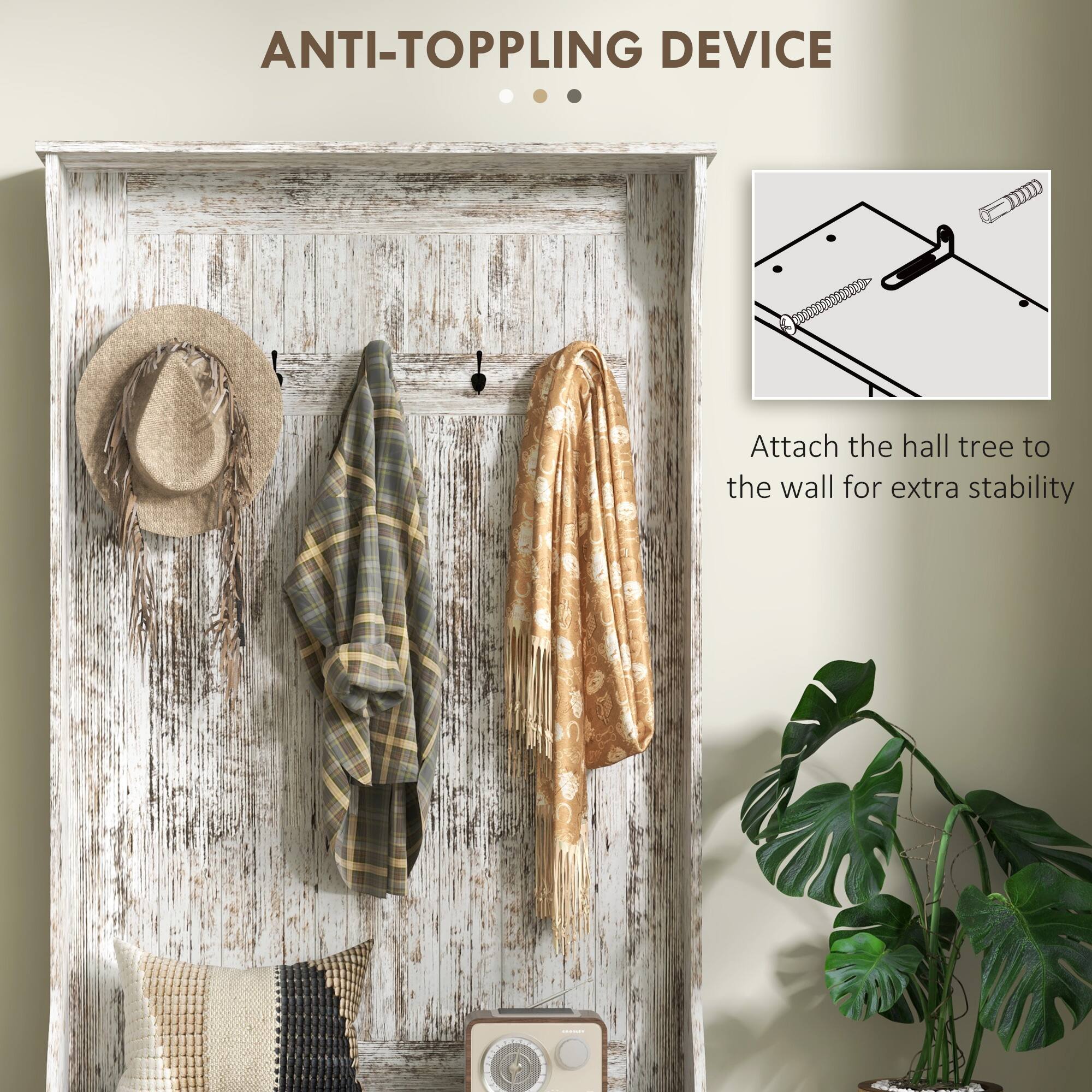 ANTI-TOPPLING DEVICE

Attach the hall tree to the wall for extra stability