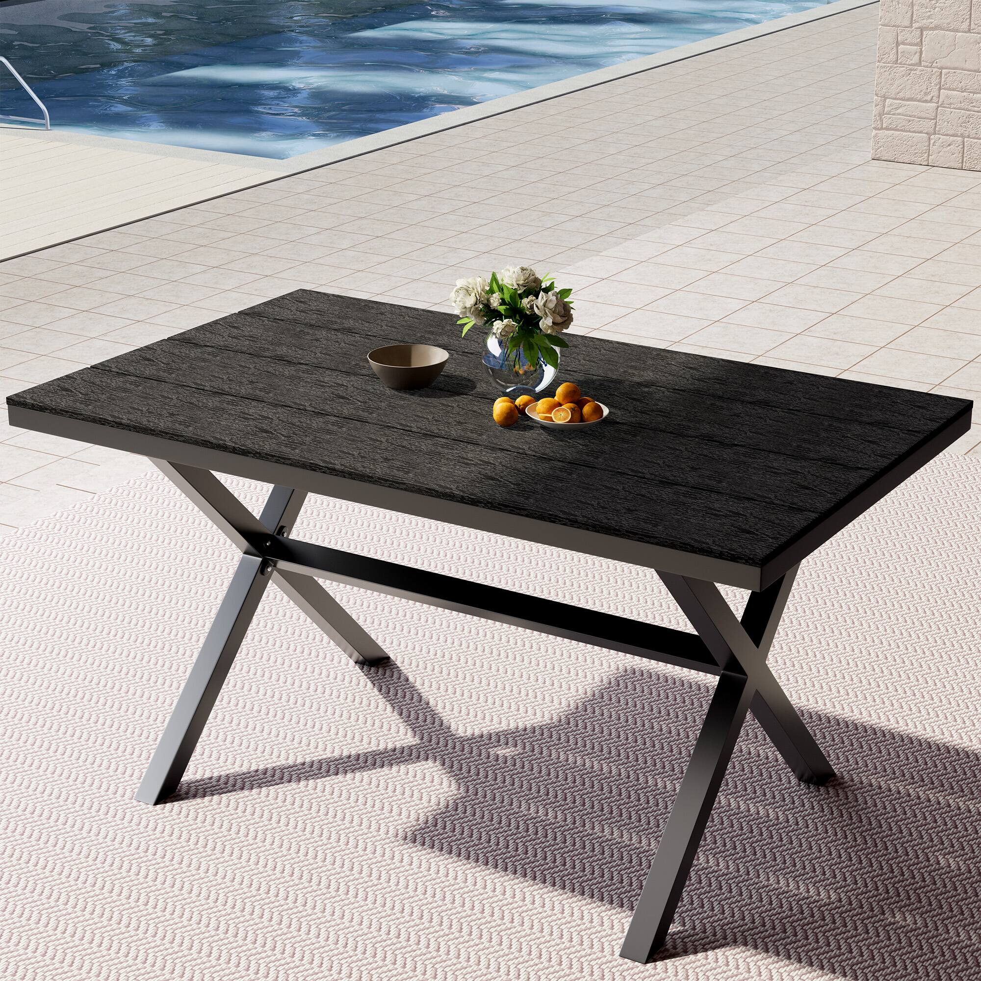 Angle. Mondawe - 59" Outdoor Dining Table with Plastic Wood Surface - Black.