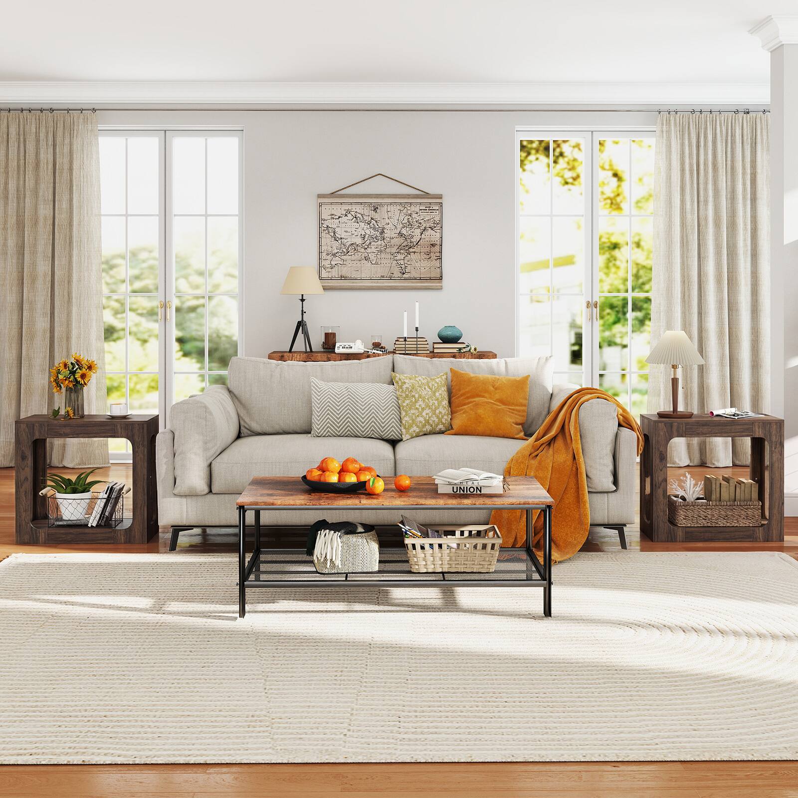 Alt View 5. Costway - Costway 2 PCS 2-Tier End Table with Storage Shelf Hollow-out Design for Living Room - Walnut.