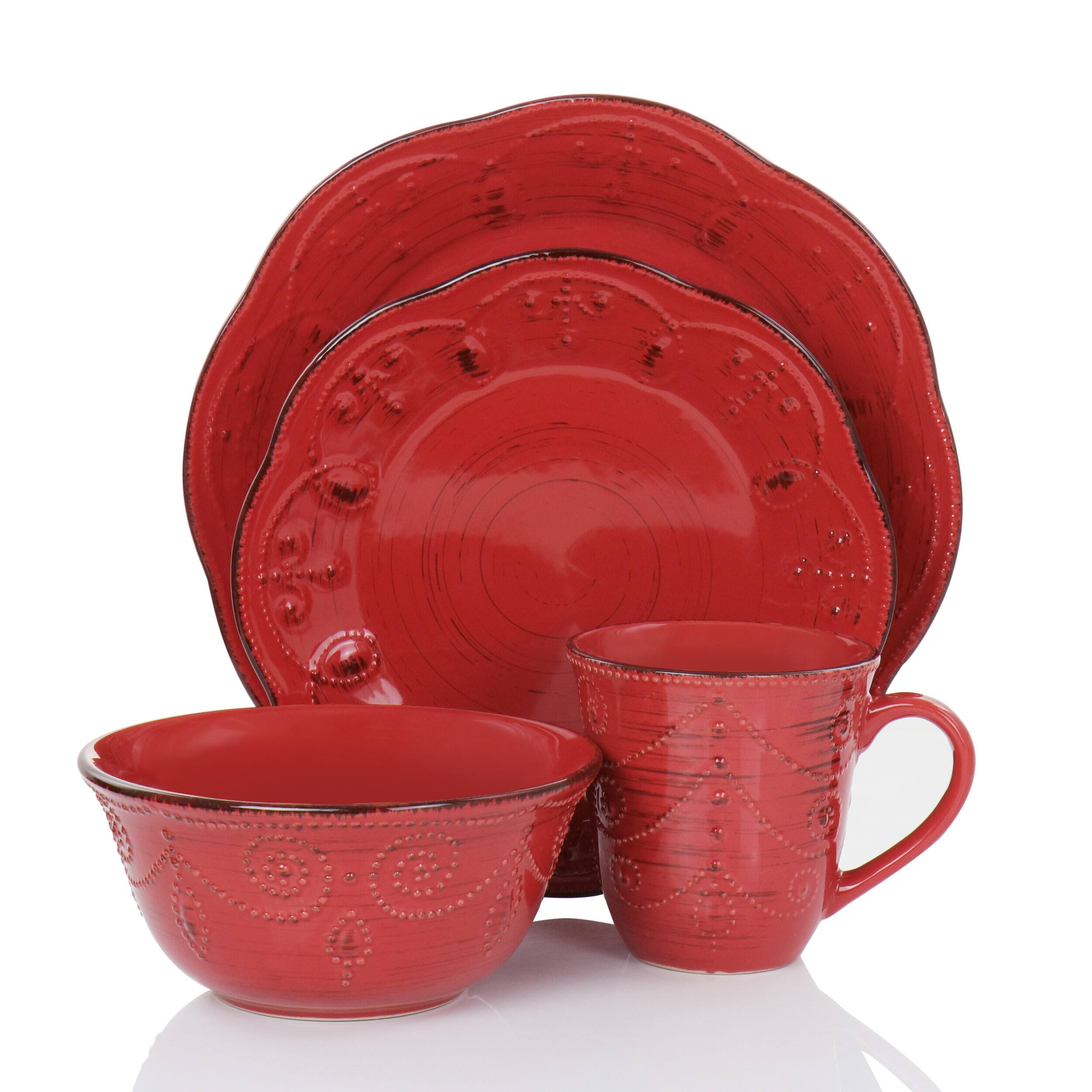 Alt View 1. Elama - Elama Rustic Birch 16 Piece Stoneware Dinnerware Set in Red - Red.