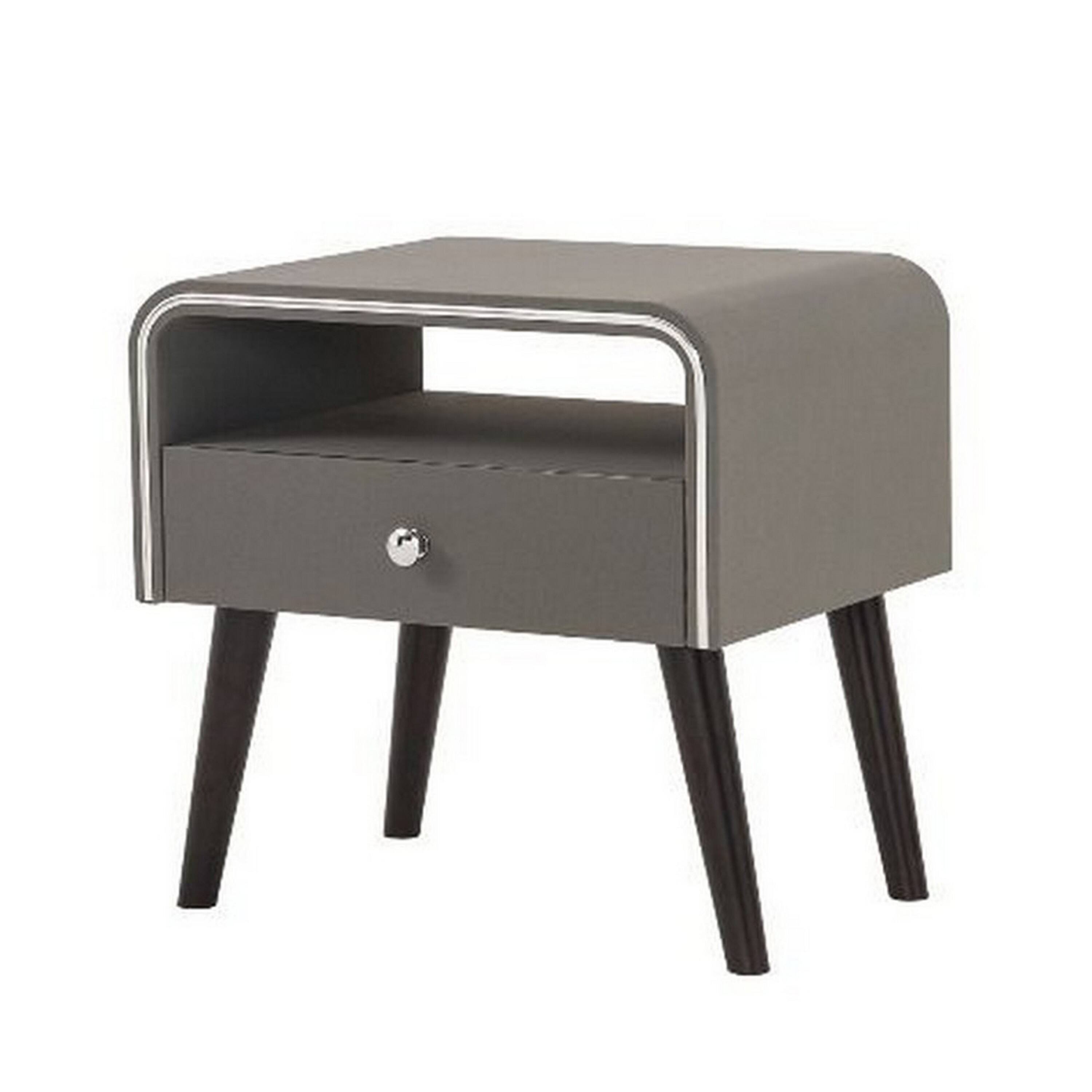 Front. Manhattan Lane - Curved Edge 1 Drawer Nightstand with Chrome Trim - Gray and Brown.