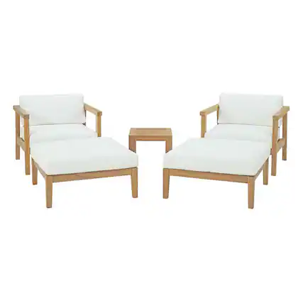 Front. Modway - Bayport 5-Piece Teak Outdoor Patio Set, Solid Teak, Weather-Resistant Cushions - Natural White.