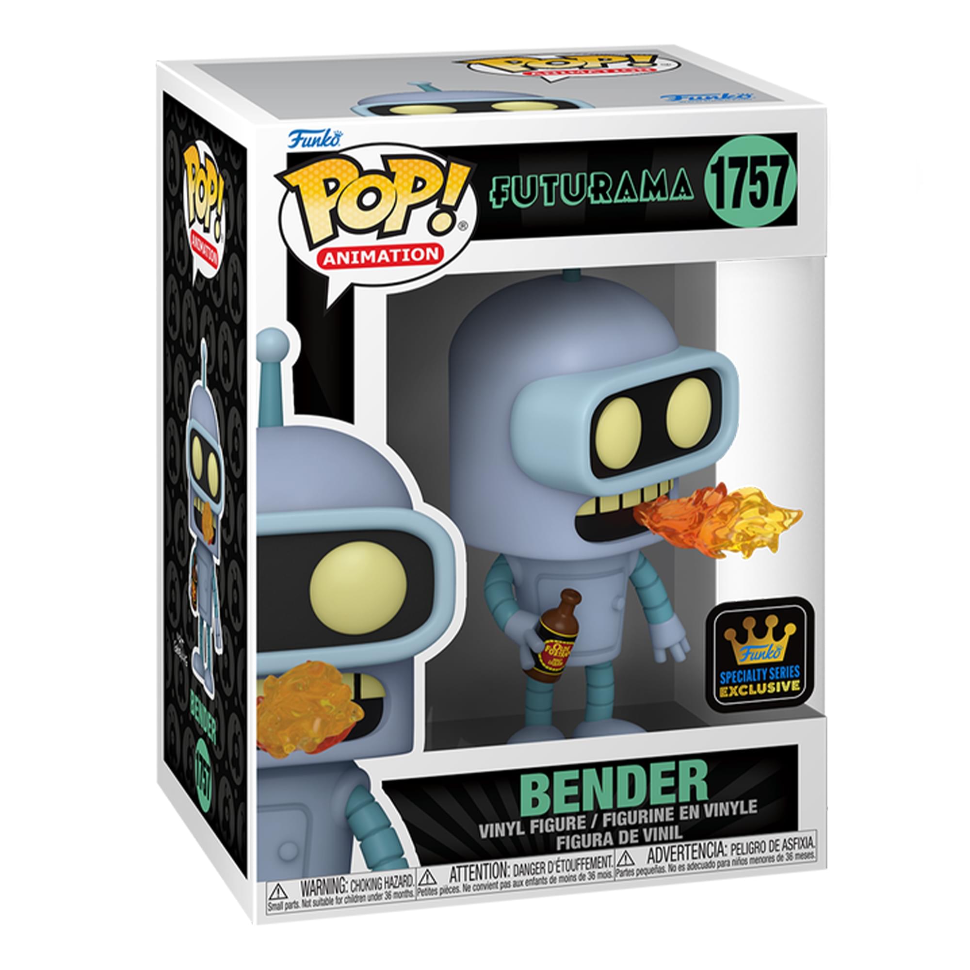 Funko POP! Animation  
FUTURAMA 1757  

BENDER  
VINYL FIGURE / FIGURINE EN VINYLE / FIGURA DE VINIL  

SPECIALTY SERIES EXCLUSIVE  

WARNING: CHOKING HAZARD - Small parts. Not for children under 3 years.  
ATTENTION: DANGER - Petits pièces. Ne convient pas aux enfants de moins de 3 ans.  
ADVERTENCIA: PEQUEÑOS PIEZAS. NO ES ADECUADO PARA NIÑOS MENORES DE 3 AÑOS.