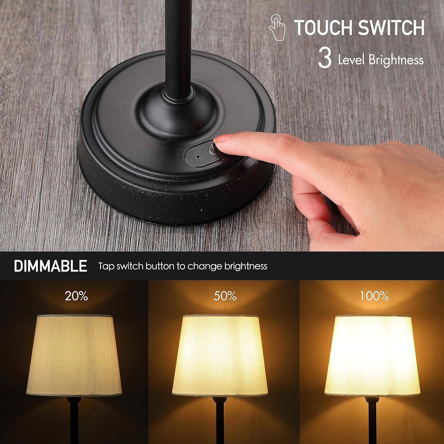TOUCH SWITCH  
3 Level Brightness  

DIMMABLE  
Tap switch button to change brightness  

20%  
50%  
100%