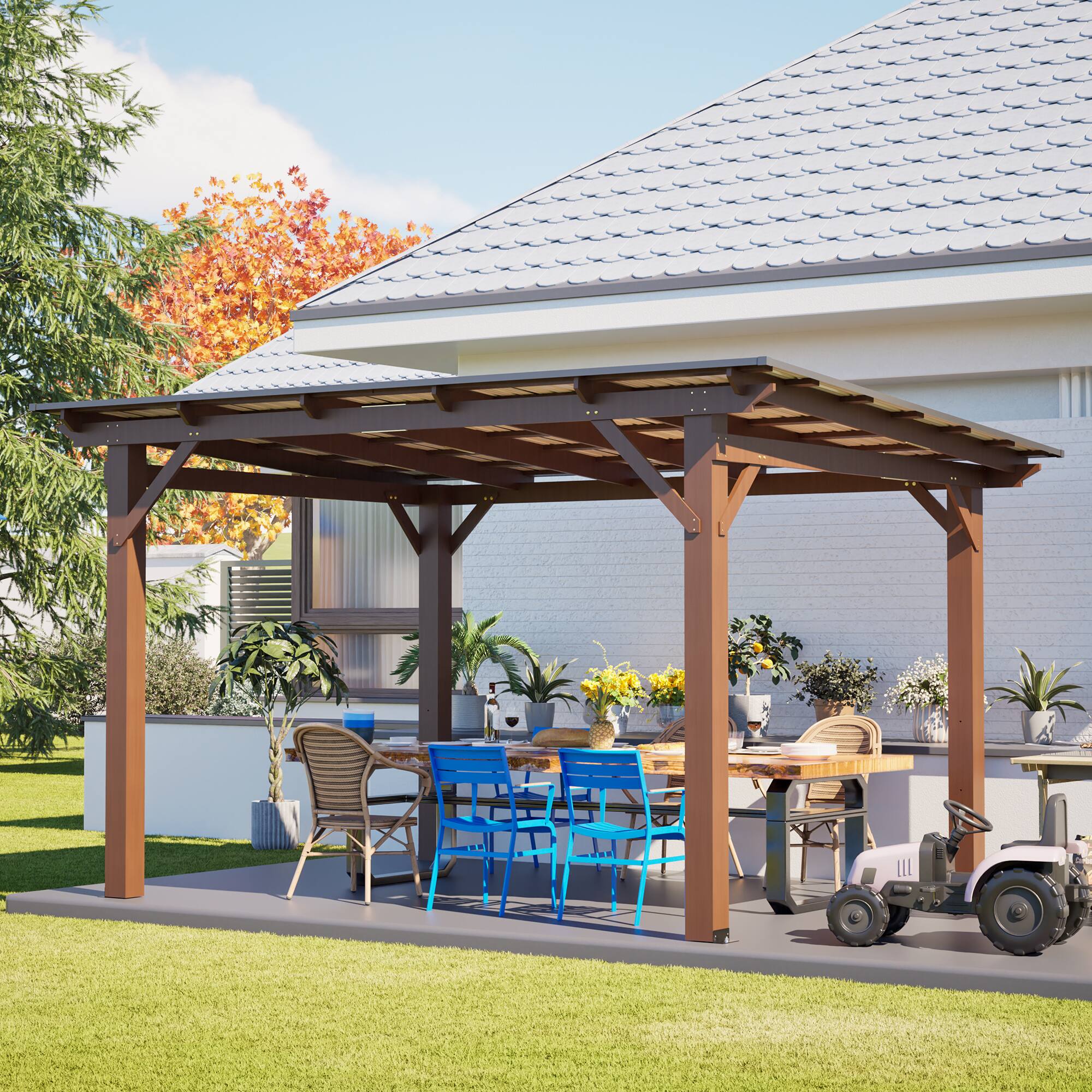 Anysun - 13x10ft Wooden Garden Gazebo with Metal Roof – Spacious Outdoor Patio Shade Structure for Backyard & Garden - Brown