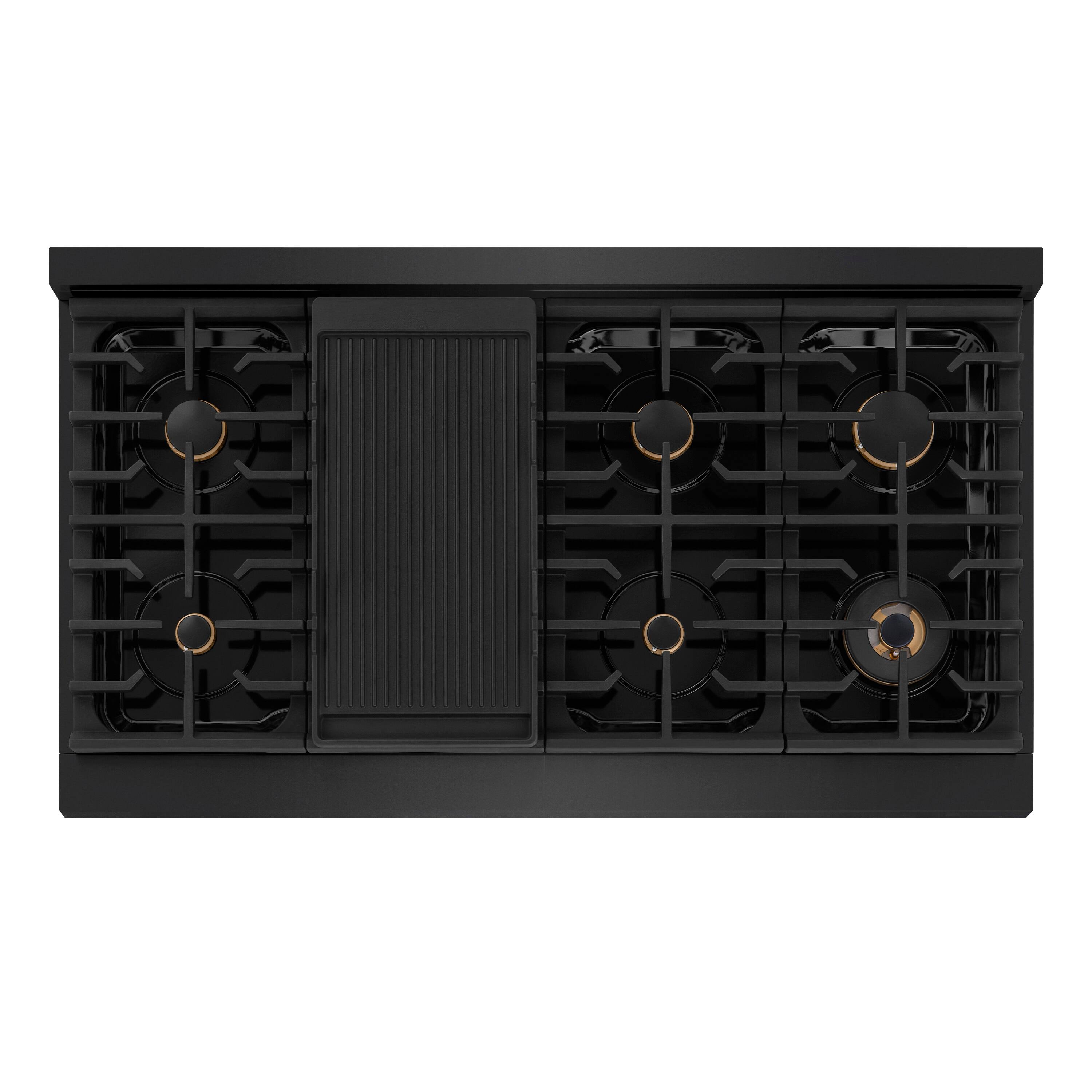Left. ZLINE - 48 in. Wide 8 Burner Autograph 6.7 cu. ft. Freestanding Paramount Dual Fuel Range with Gold Helix Handles - Black Stainless Steel.