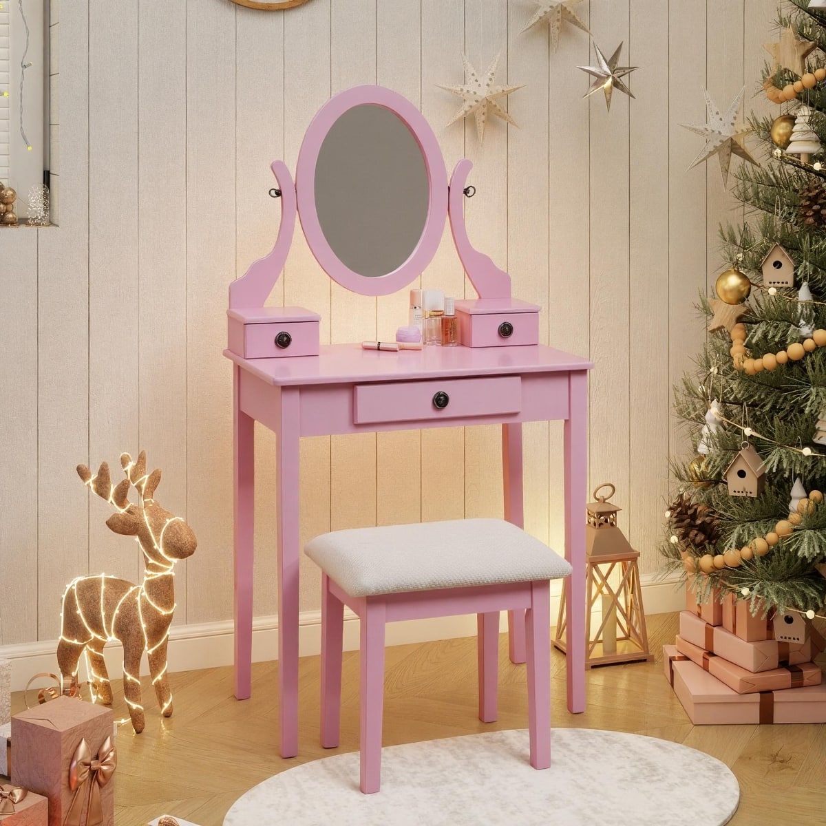 Loheer - Makeup Vanity Table with Stool, Adjustable Oval Mirror - Pink