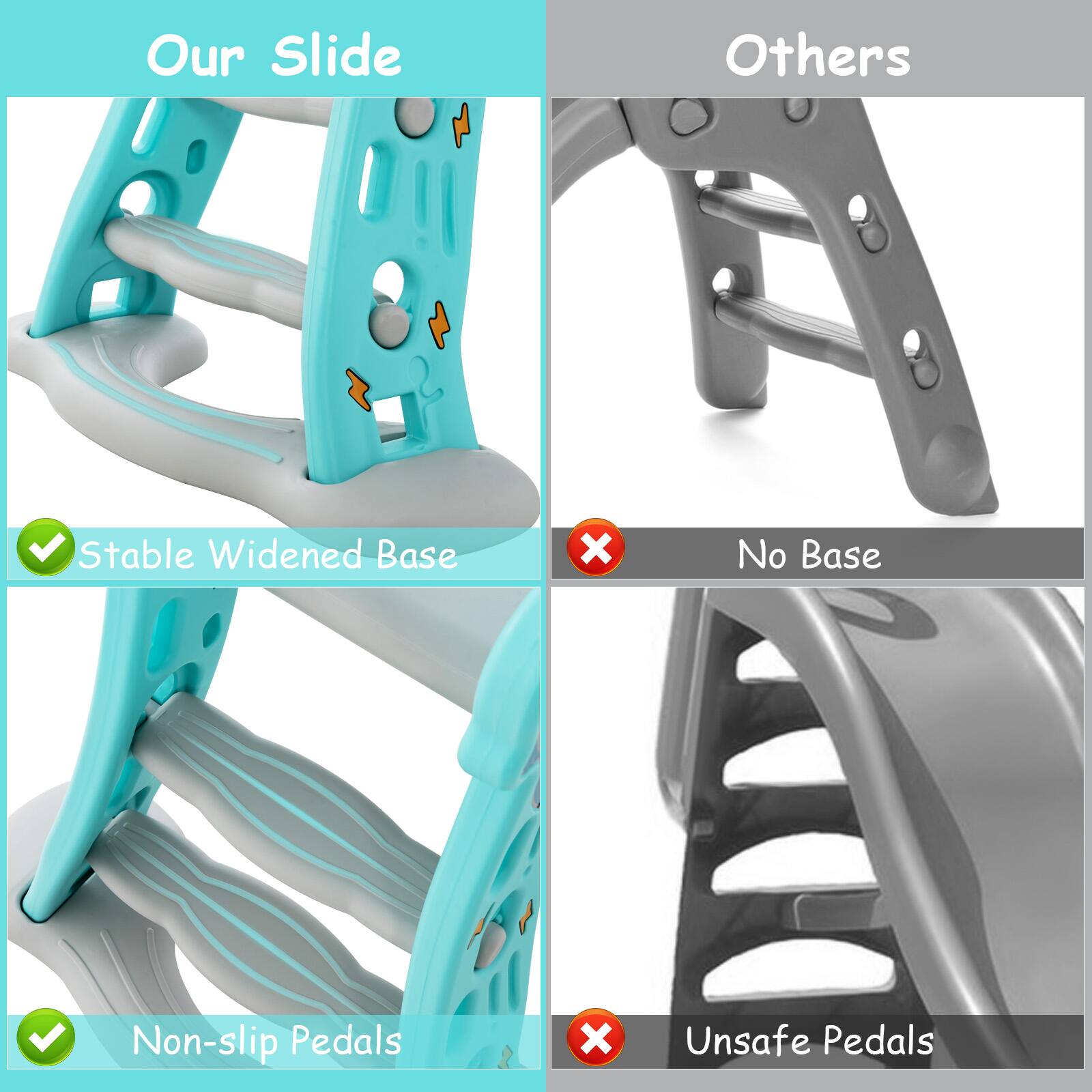Our Slide  
- Stable Widened Base  
- Non-slip Pedals  

Others  
- No Base  
- Unsafe Pedals