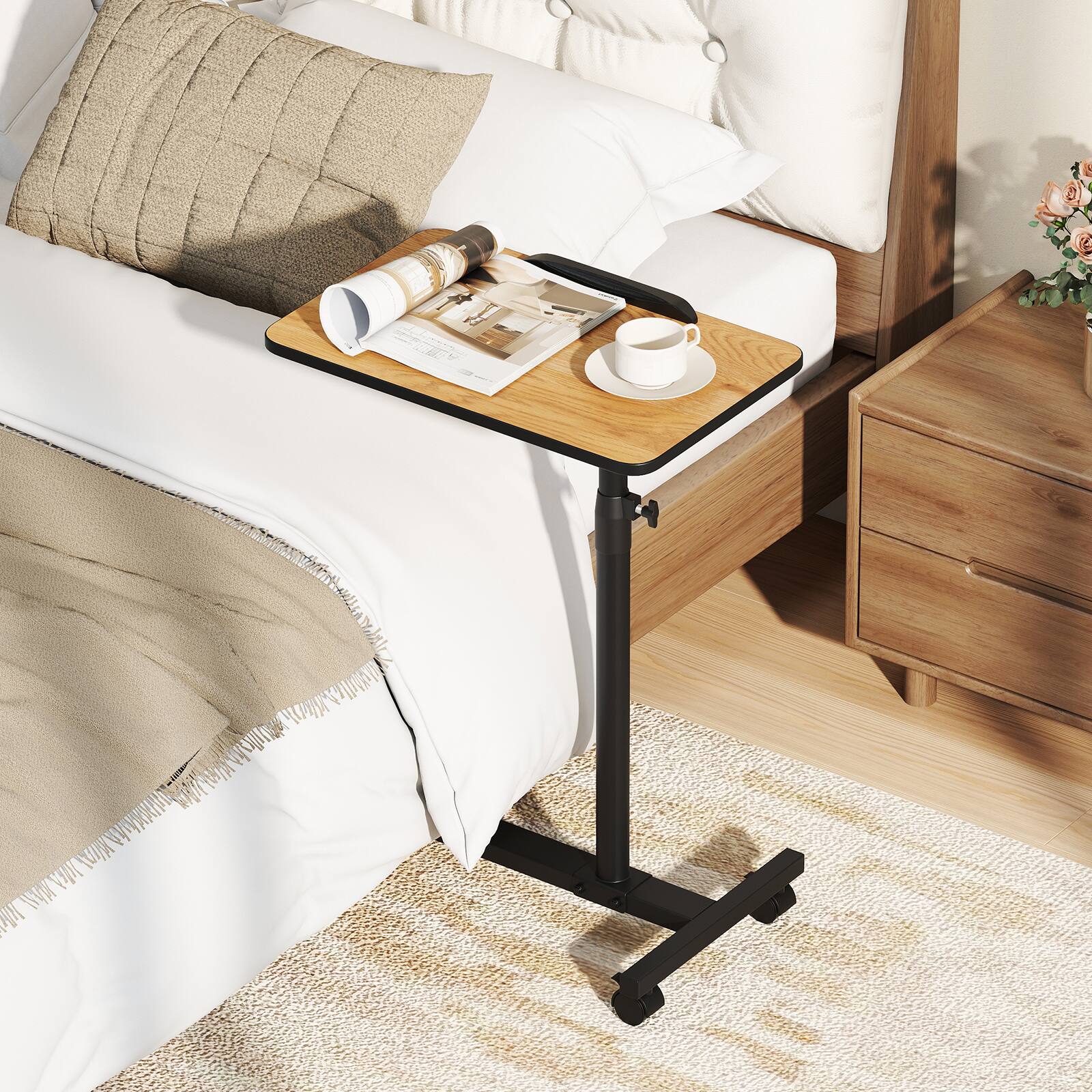 Alt View 1. Costway - Costway Set of 2 Overbed Rolling Table Over Bed Laptop Desk Tilting Top - Natural.