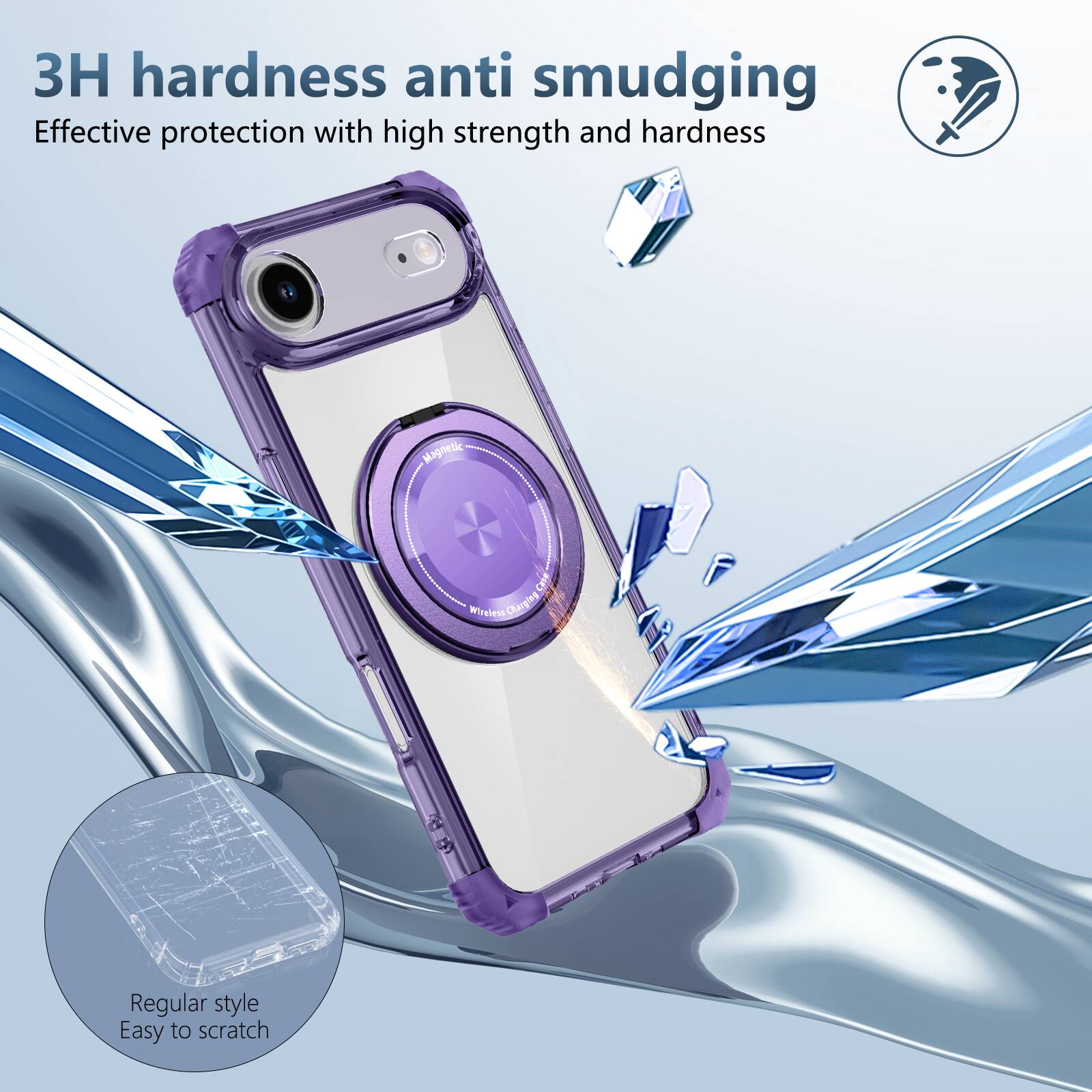 3H hardness anti smudging  
Effective protection with high strength and hardness  
Magnetic Cave  
Wireless Charging  
Regular style  
Easy to scratch