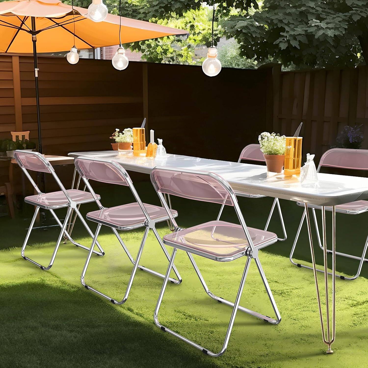 Alt View 6. Winado - 2PCS Folding Plastic Chairs Portable Clear Commercial Chair Seat for Indoor Outdoor Party Wedding Dining Display Corner - Pink.