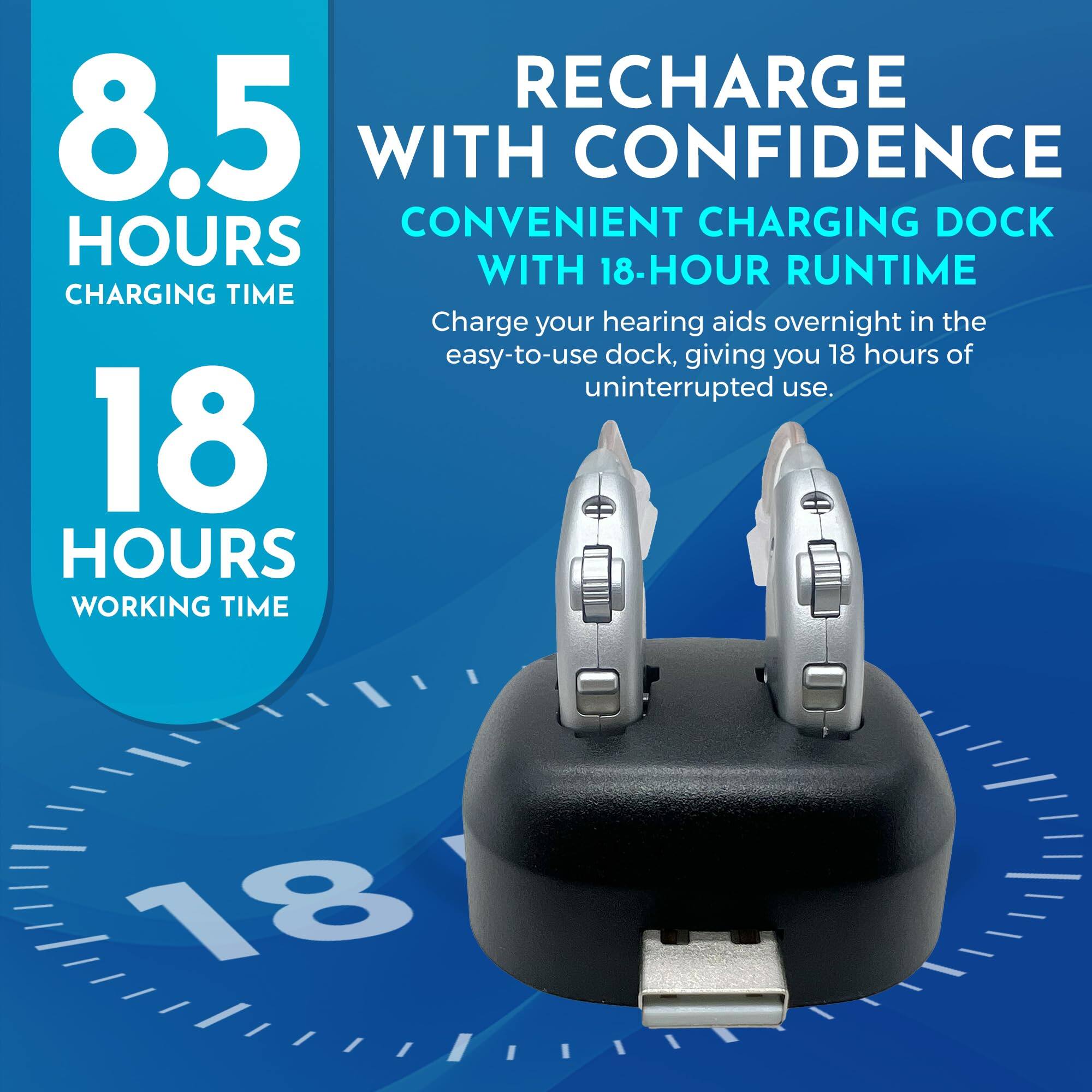 RECHARGE WITH CONFIDENCE  
CONVENIENT CHARGING DOCK WITH 18-HOUR RUNTIME  

8.5 HOURS  
CHARGING TIME  

18 HOURS  
WORKING TIME  

Charge your hearing aids overnight in the easy-to-use dock, giving you 18 hours of uninterrupted use.