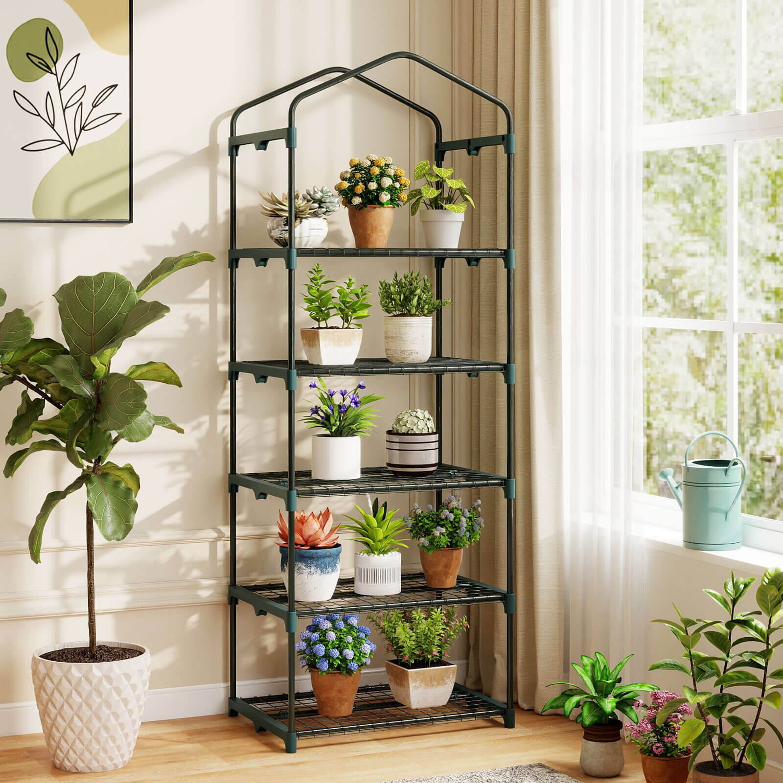 Alt View 3. Costway - Costway 69" x 48" x 75" Mini Greenhouse with 5 Tier Shelves, PE Cover, Roll-Up Zipper Door - Green.