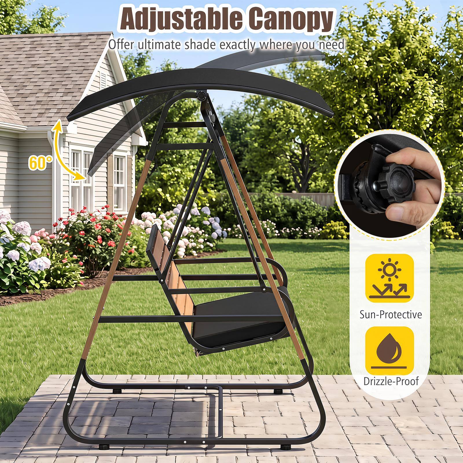 Adjustable Canopy  
Offer ultimate shade exactly where you need  
60°  
Sun-Protective  
Drizzle-Proof