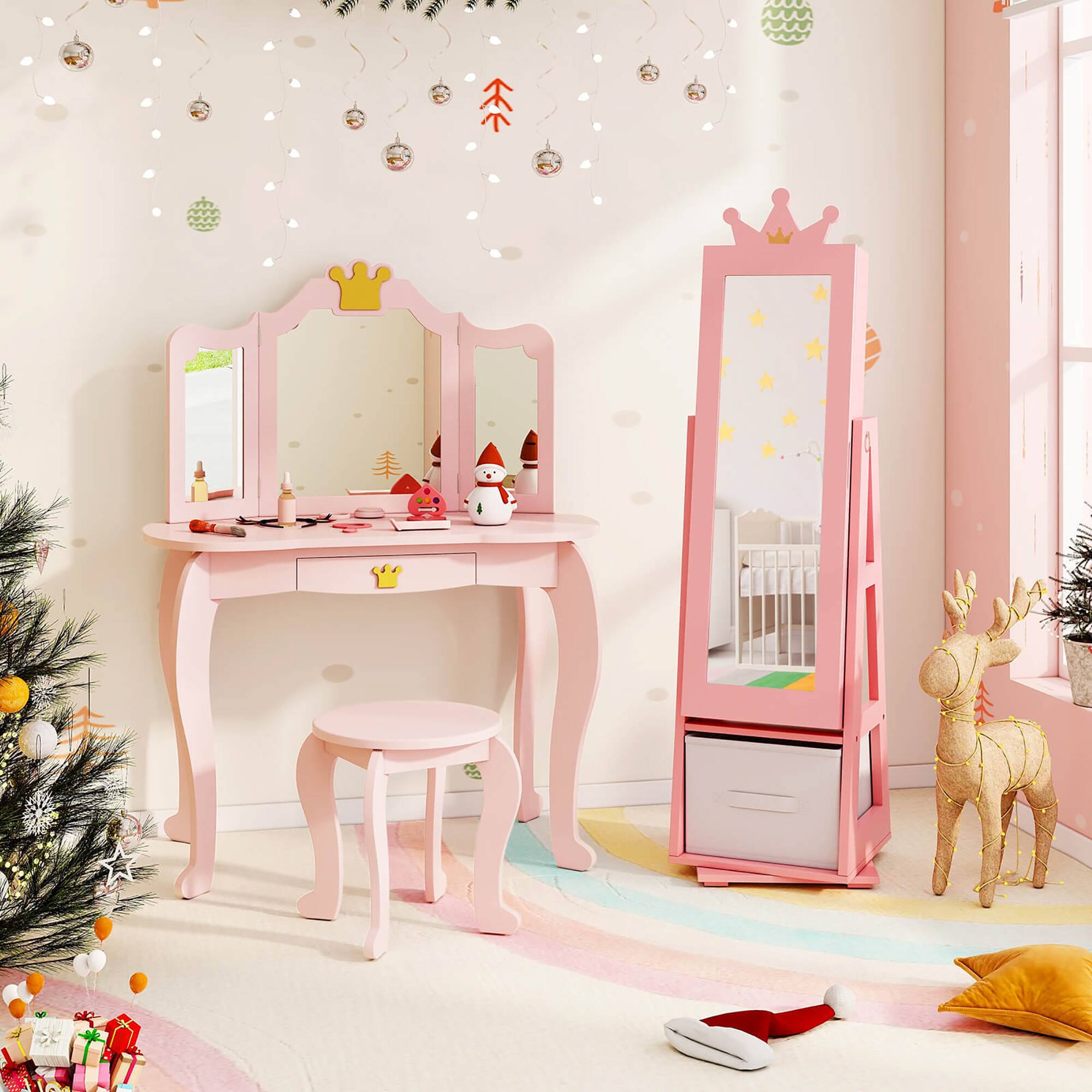 Alt View 1. Gymax - Gymax Kids Vanity Set Princess Makeup Dressing Table & Chair Set w/ Jewelry Armoire Pink - Pink.