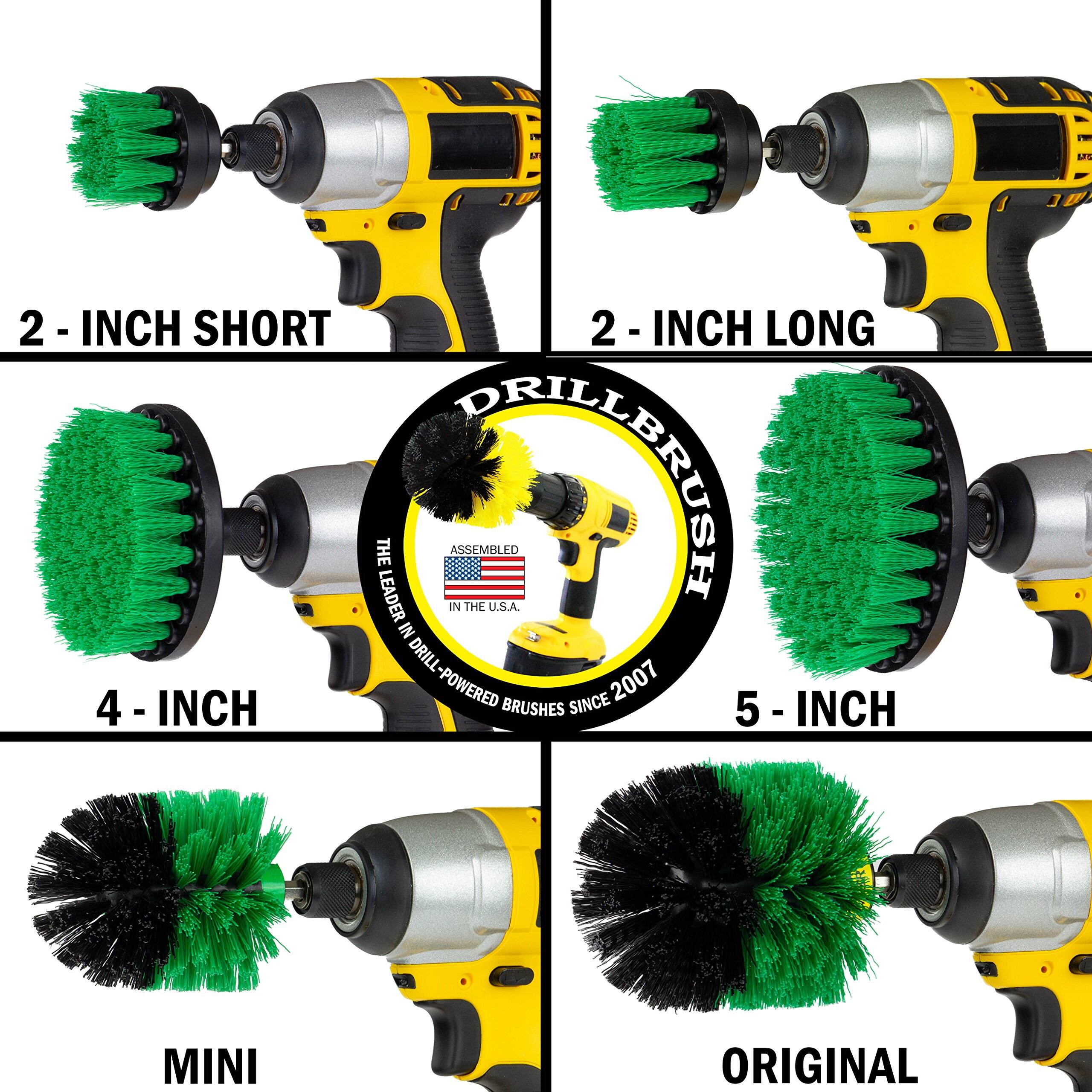 a 2 - INCH SHORT 2 -INCH 2 LONG THE LEADER  IN ASSEMBLED THE U.S.A. IN DRILL POWERED SINCE 2007 4 -INCH 4 BRUSHES 5 5 - INCH MT MINI ORIGINAL