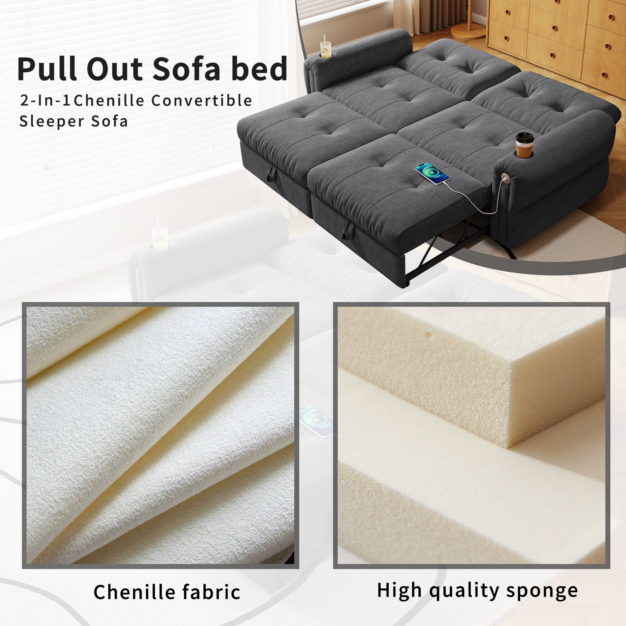Pull Out Sofa bed  
2-In-1 Chenille Convertible Sleeper Sofa  

Chenille fabric  
High quality sponge