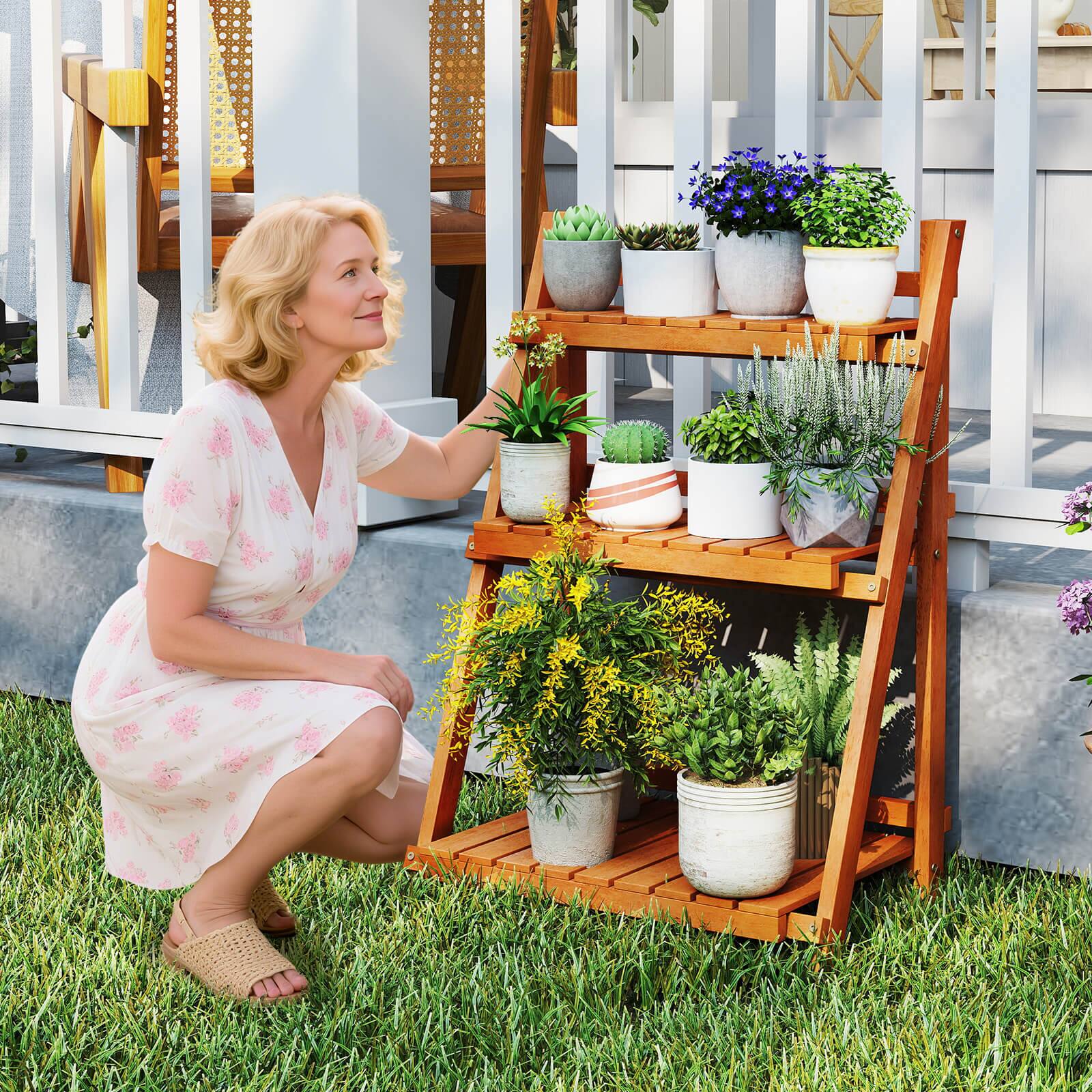 Alt View 1. Costway - Costway 3-Tier Wood Plant Stand Folding Flower Rack w/Ladder Design Anti-falling Bars - Yellow.