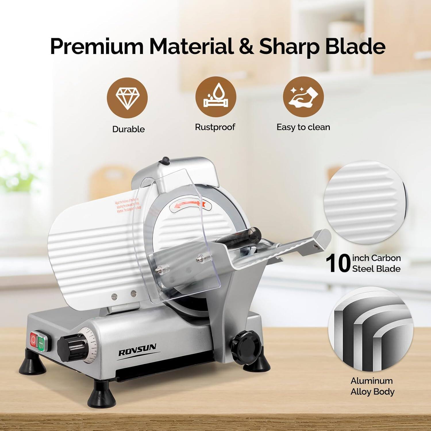 Premium Material & Sharp Blade  
Durable Rustproof Easy to clean  
10 inch Carbon Steel Blade  
Aluminum Alloy Body